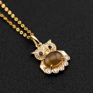 Owl Design Fire Opal, Diamond Sapphire Pendant 18K Yellow Gold