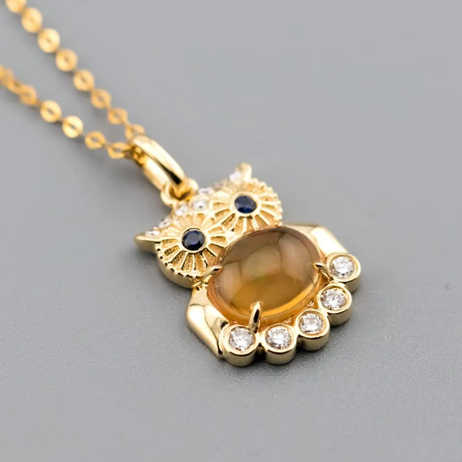 Owl Design Fire Opal, Diamond Sapphire Pendant 18K Yellow Gold