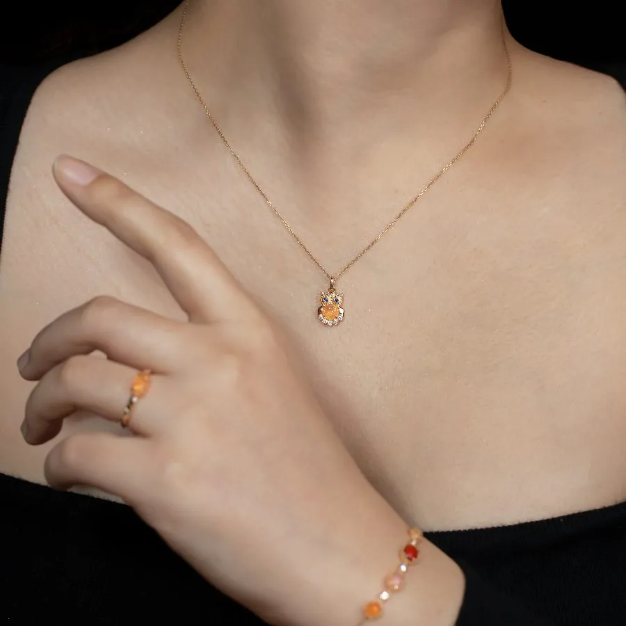 Owl Design Fire Opal, Diamond Sapphire Pendant 18K Yellow Gold