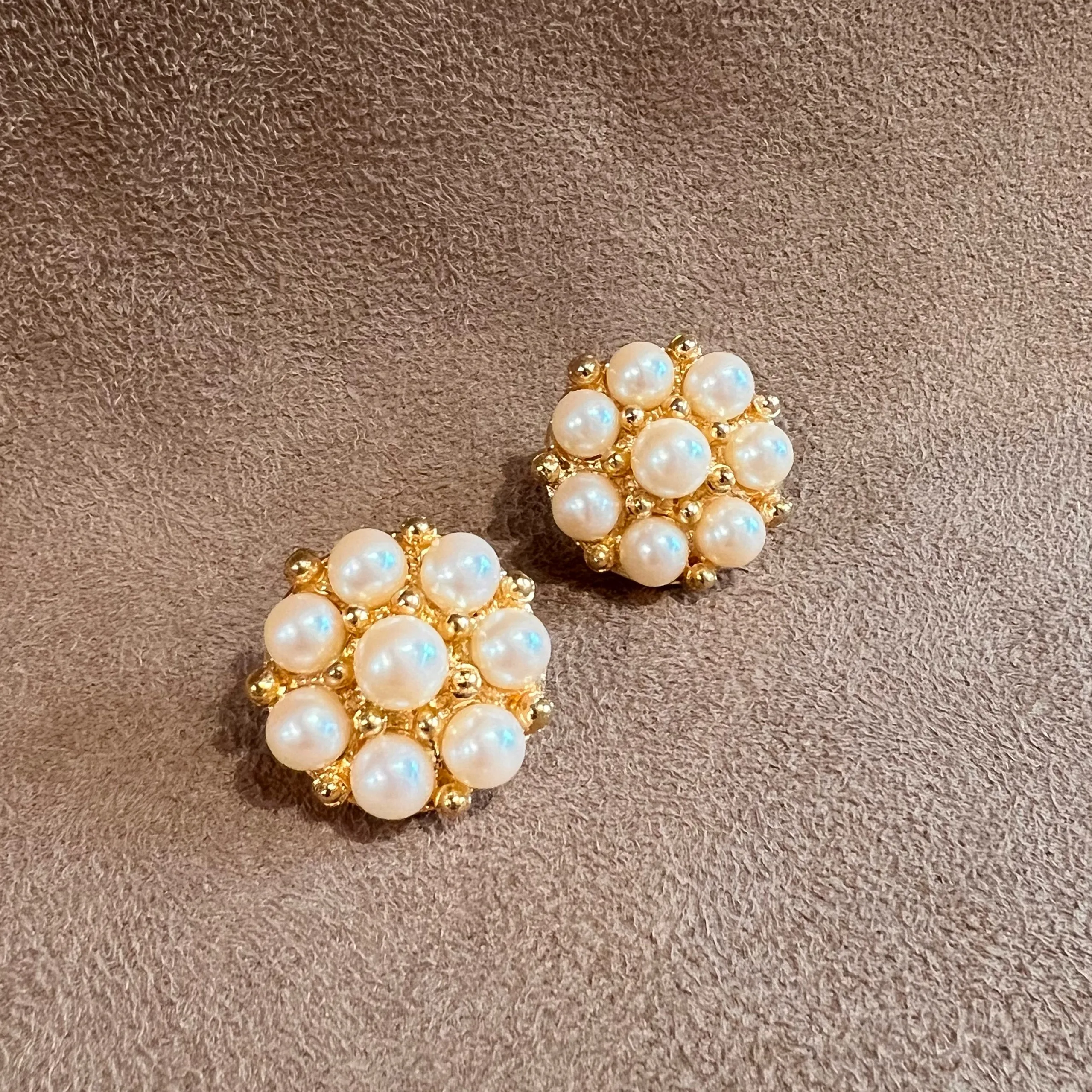 Pearl and Gold Vintage Statement Round Pierced Earrings