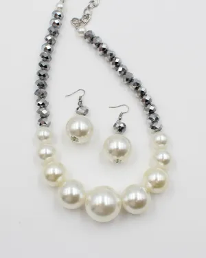 Pearl Necklace & Earring Set with Gray Jewels