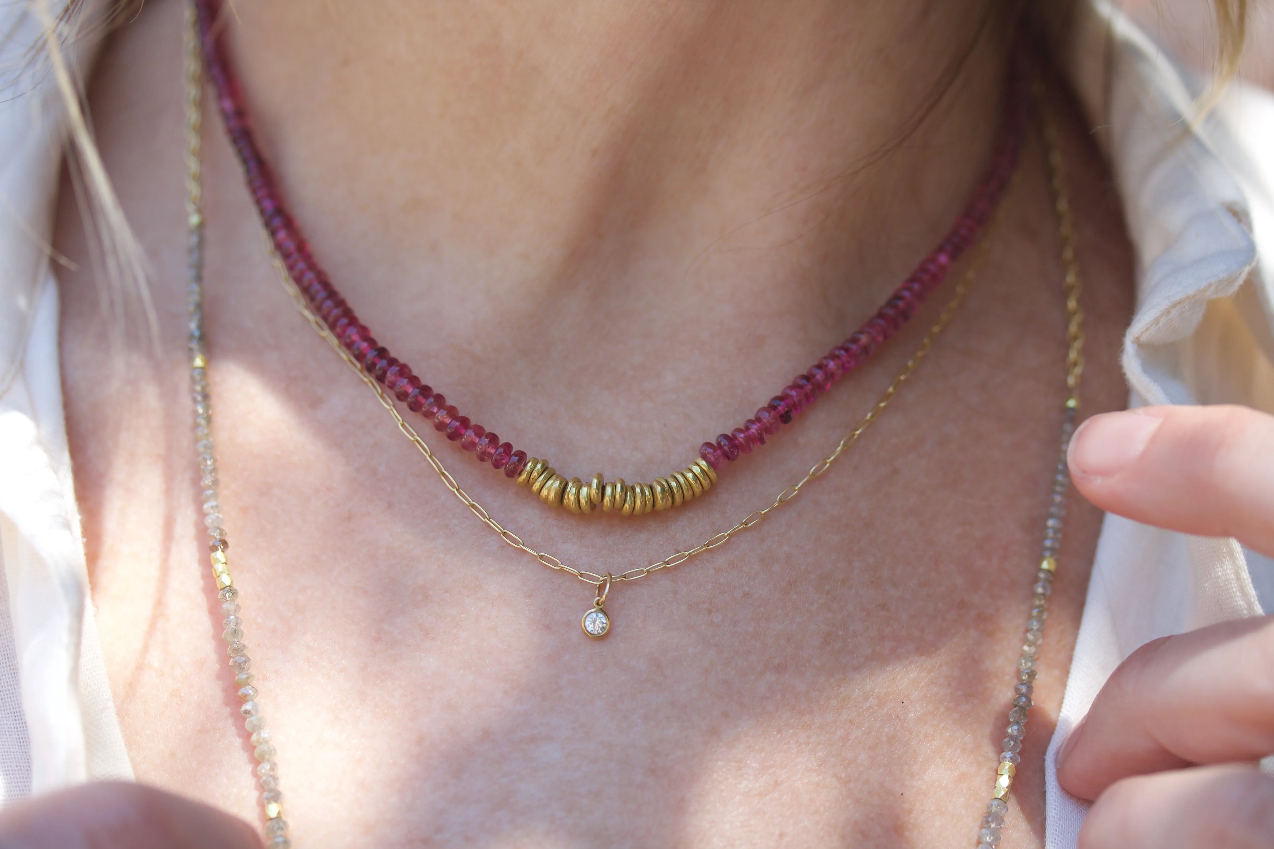 Pink Tourmaline & High Karat Gold Beaded Necklace