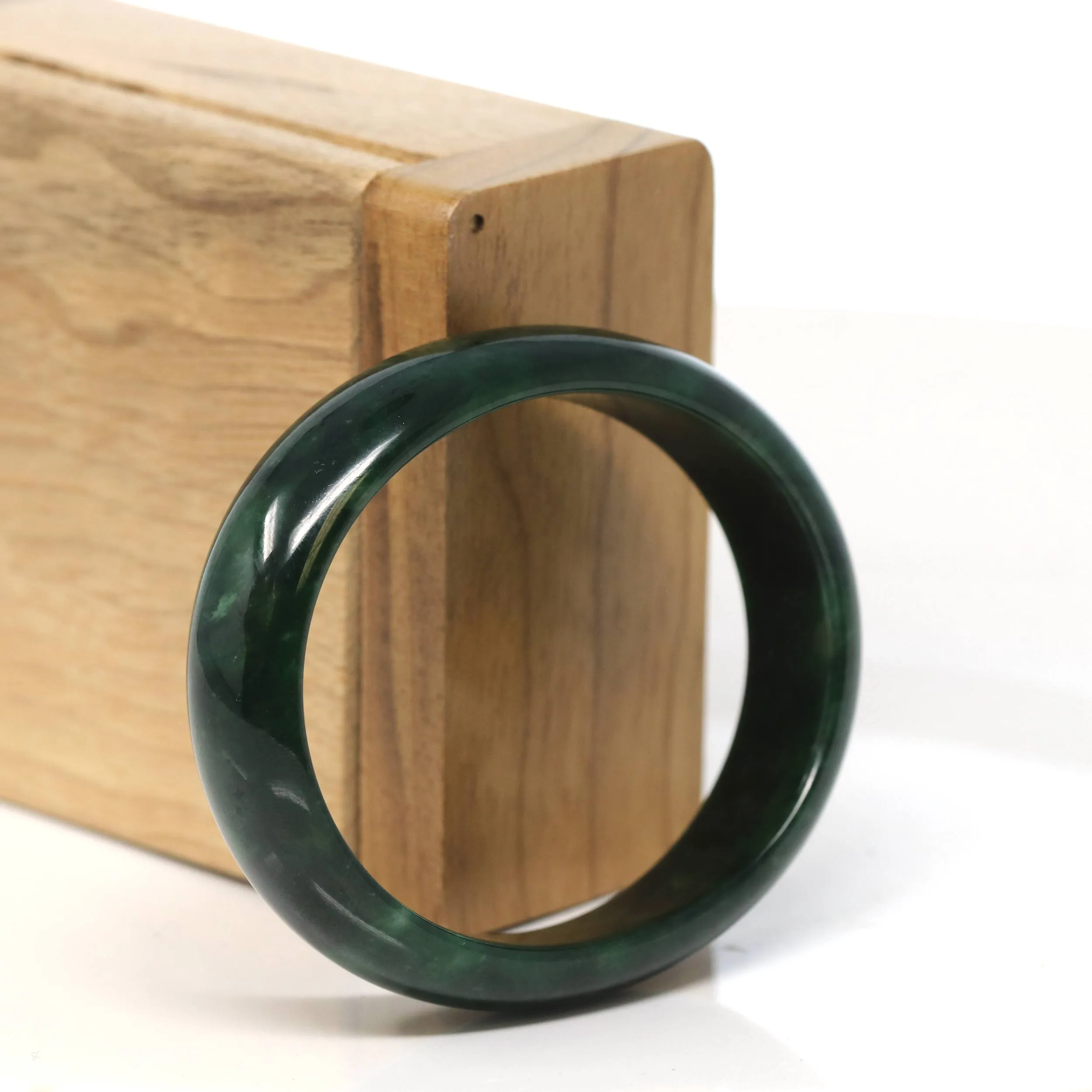 "Classic Princess Oval Half Round" Deep Green Jadeite Jade Bangle (53.4 mm) #T505