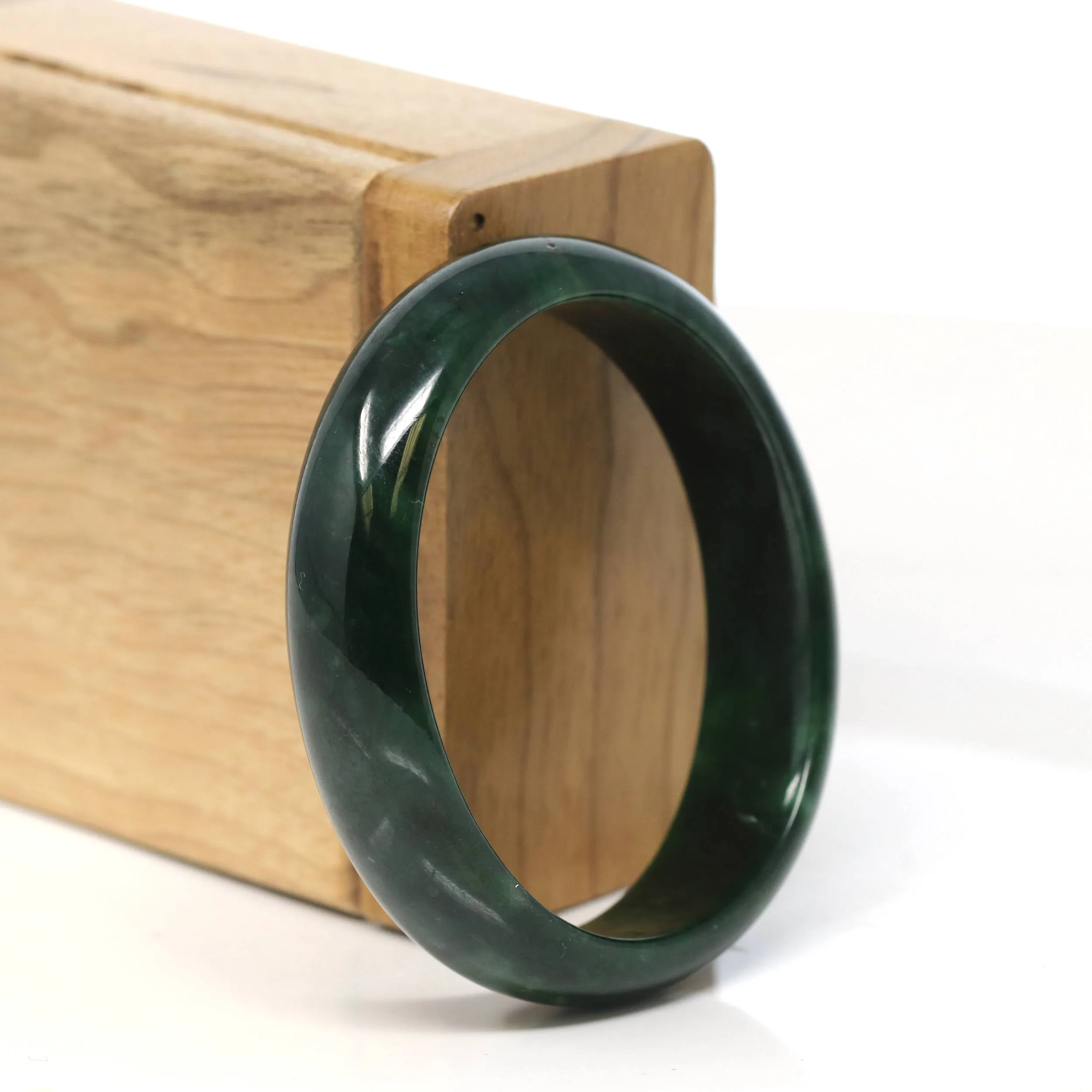 "Classic Princess Oval Half Round" Deep Green Jadeite Jade Bangle (53.4 mm) #T505
