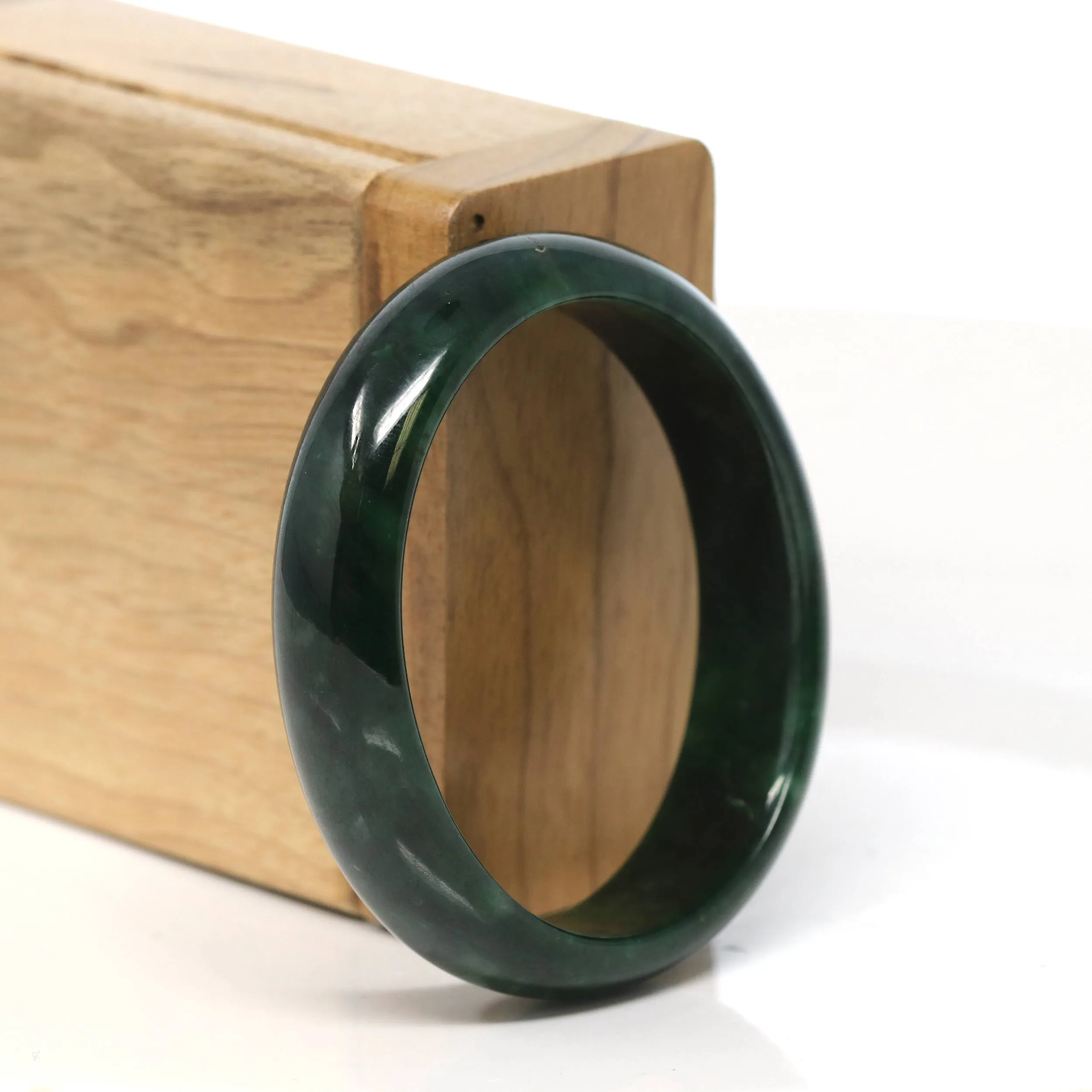 "Classic Princess Oval Half Round" Deep Green Jadeite Jade Bangle (53.4 mm) #T505