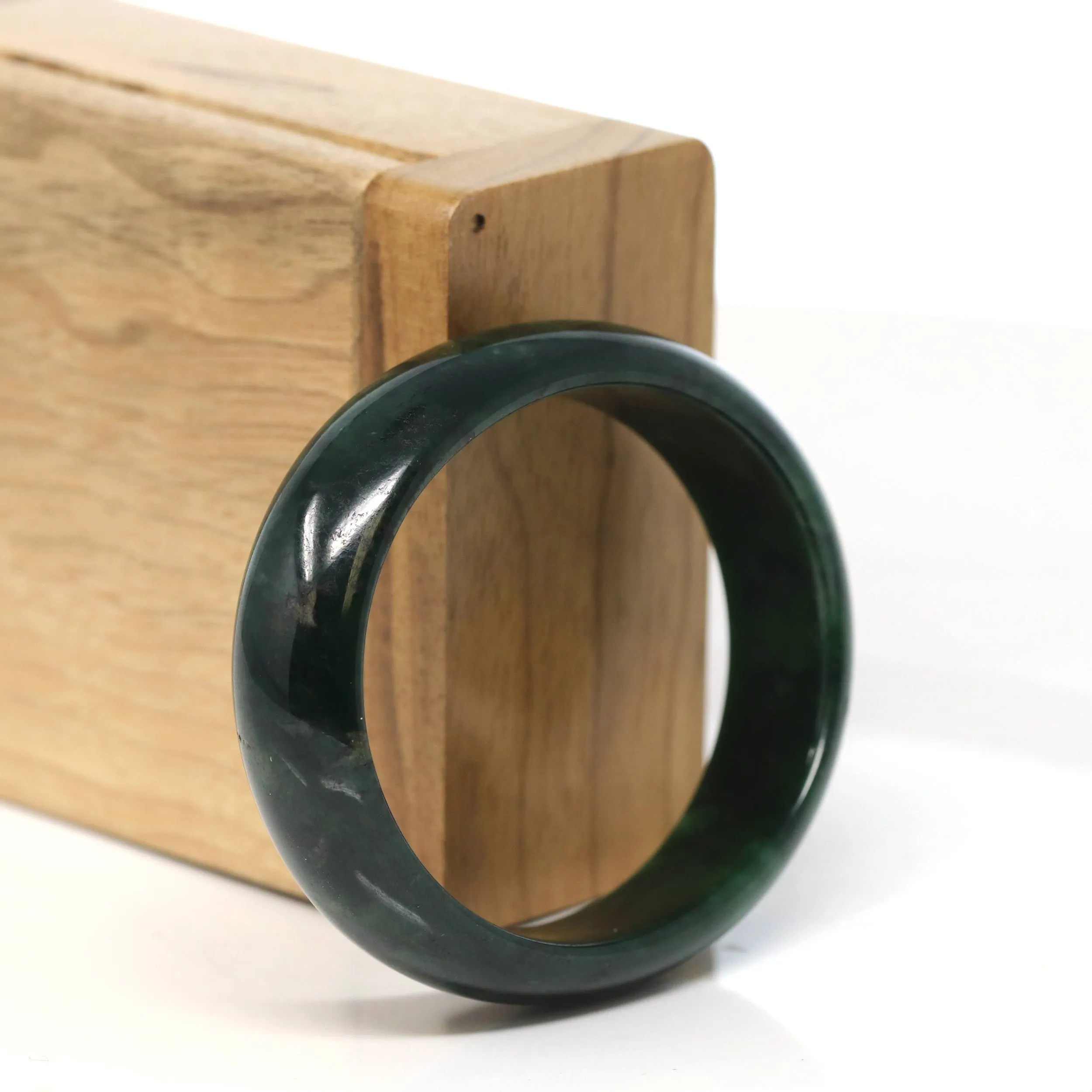 "Classic Princess Oval Half Round" Deep Green Jadeite Jade Bangle (53.4 mm) #T505