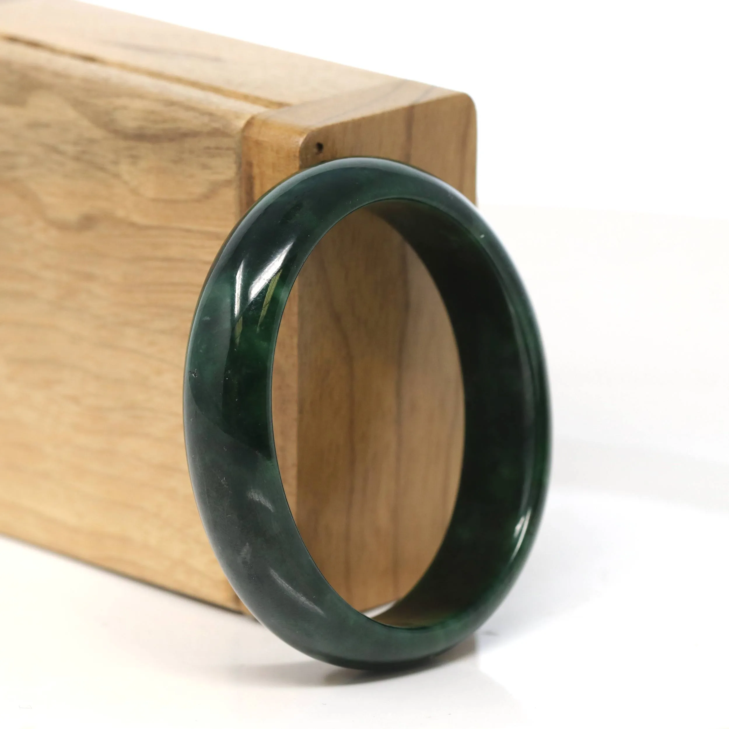 "Classic Princess Oval Half Round" Deep Green Jadeite Jade Bangle (53.4 mm) #T505