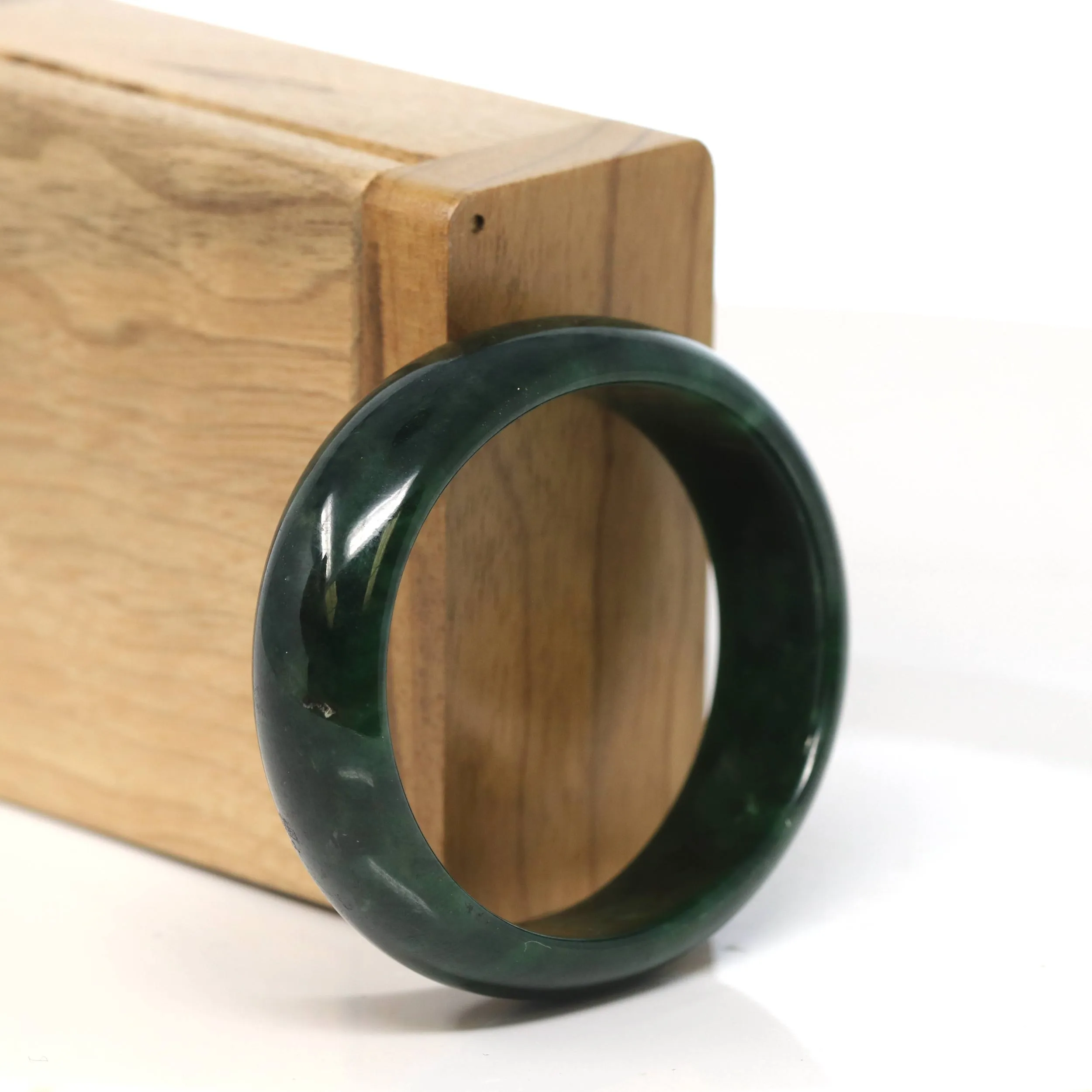 "Classic Princess Oval Half Round" Deep Green Jadeite Jade Bangle (53.4 mm) #T505