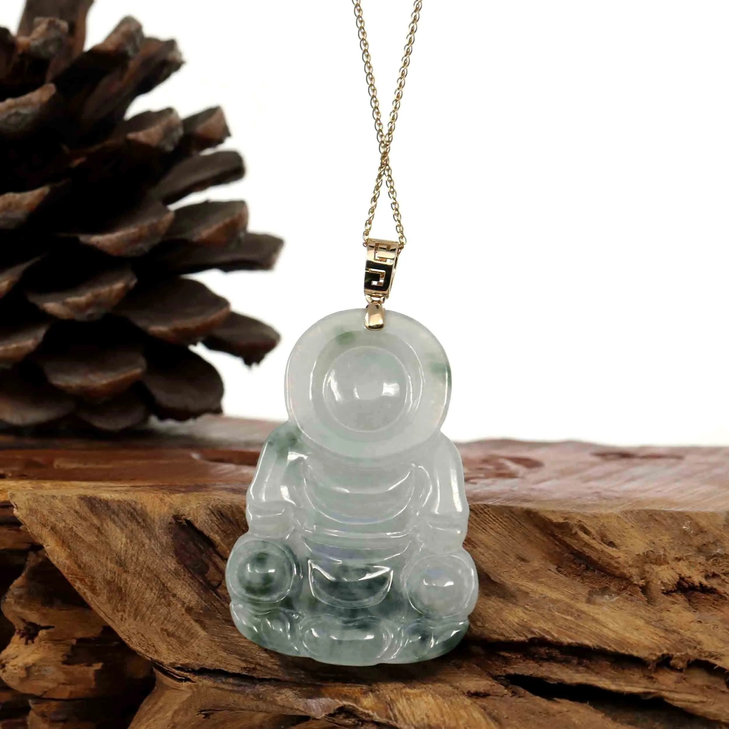 "Goddess of Compassion" Genuine Burmese Ice Blue Jadeite Jade Guanyin Necklace With Good Luck Design 14k Yellow Gold Bail