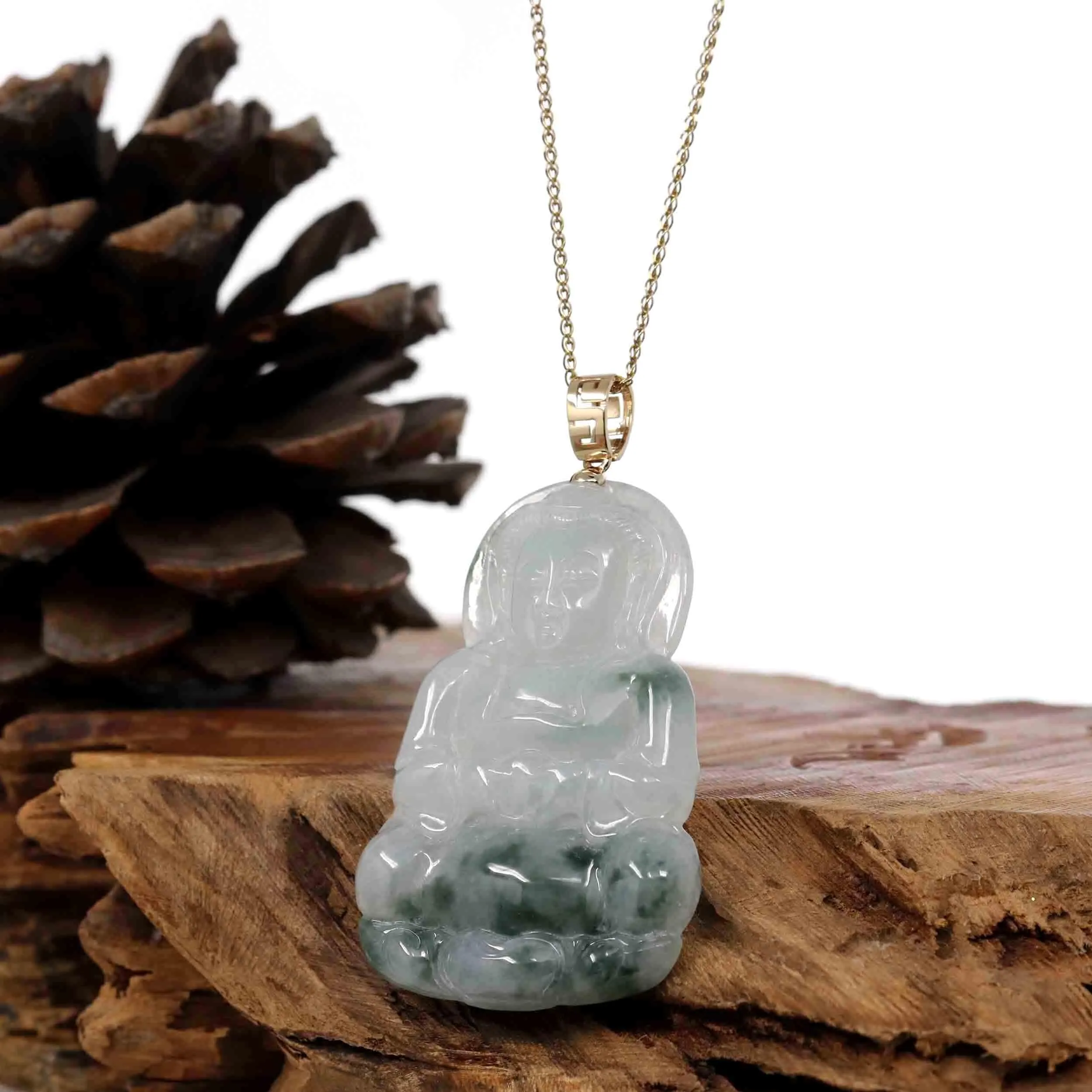 "Goddess of Compassion" Genuine Burmese Ice Blue Jadeite Jade Guanyin Necklace With Good Luck Design 14k Yellow Gold Bail
