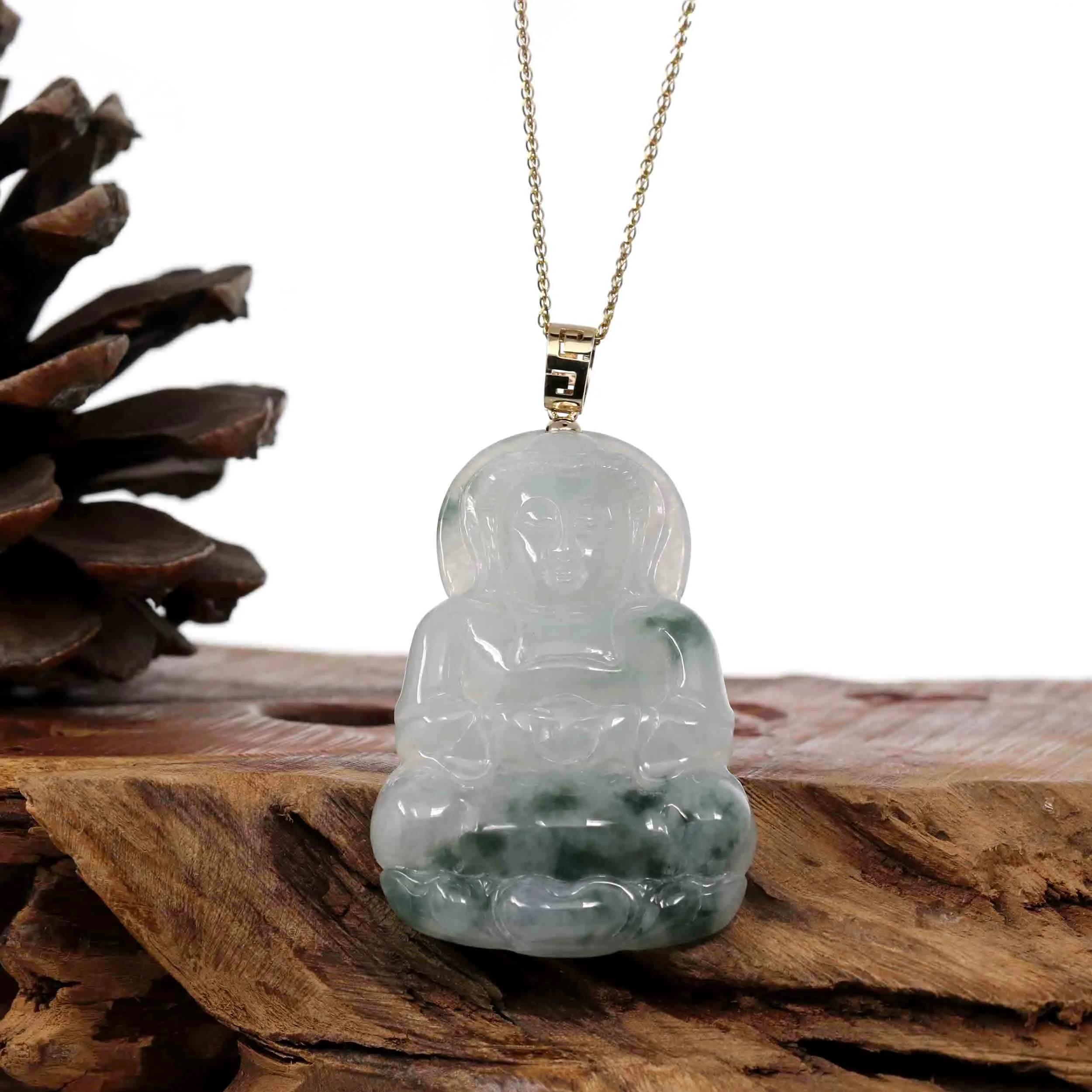 "Goddess of Compassion" Genuine Burmese Ice Blue Jadeite Jade Guanyin Necklace With Good Luck Design 14k Yellow Gold Bail