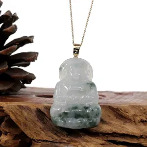 "Goddess of Compassion" Genuine Burmese Ice Blue Jadeite Jade Guanyin Necklace With Good Luck Design 14k Yellow Gold Bail