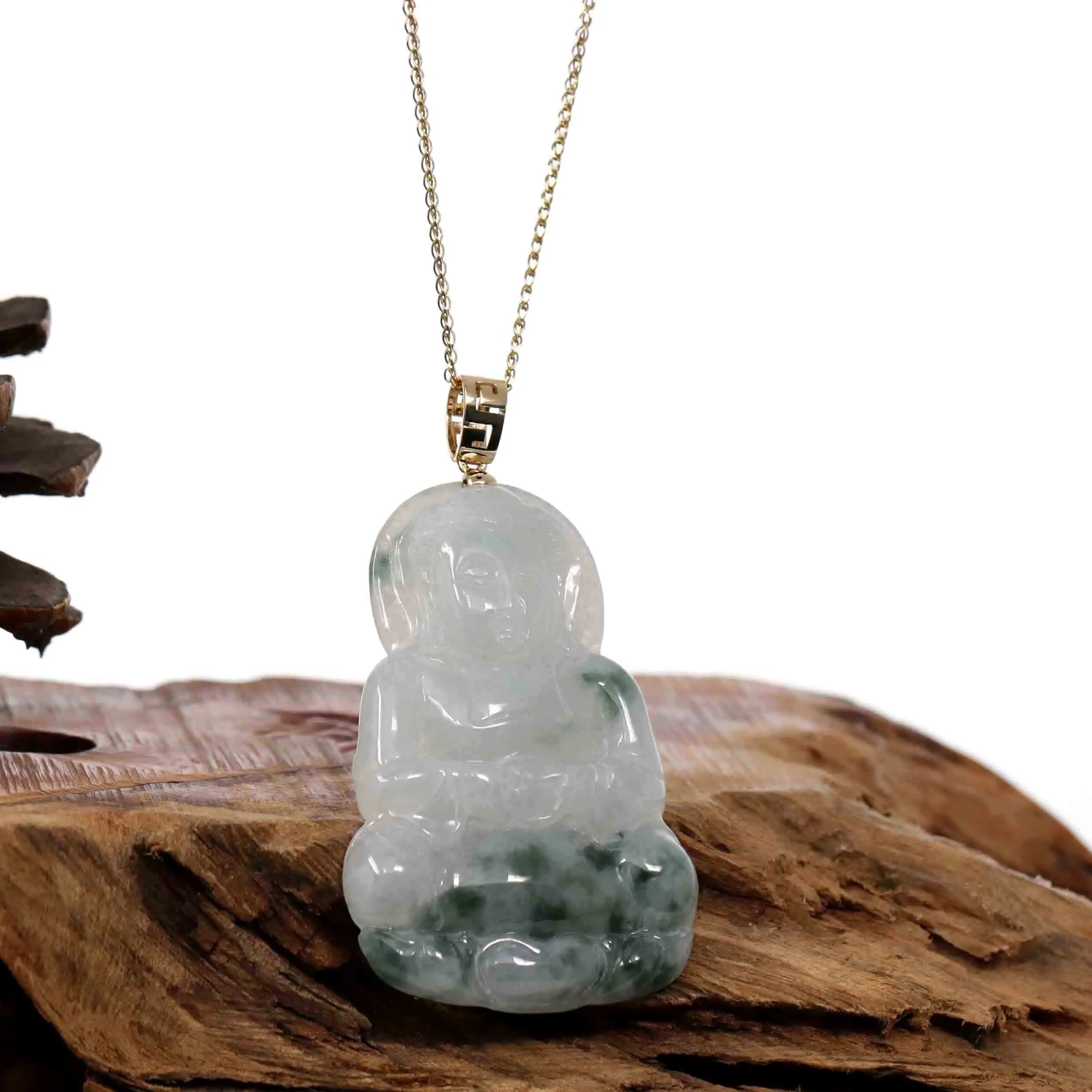 "Goddess of Compassion" Genuine Burmese Ice Blue Jadeite Jade Guanyin Necklace With Good Luck Design 14k Yellow Gold Bail