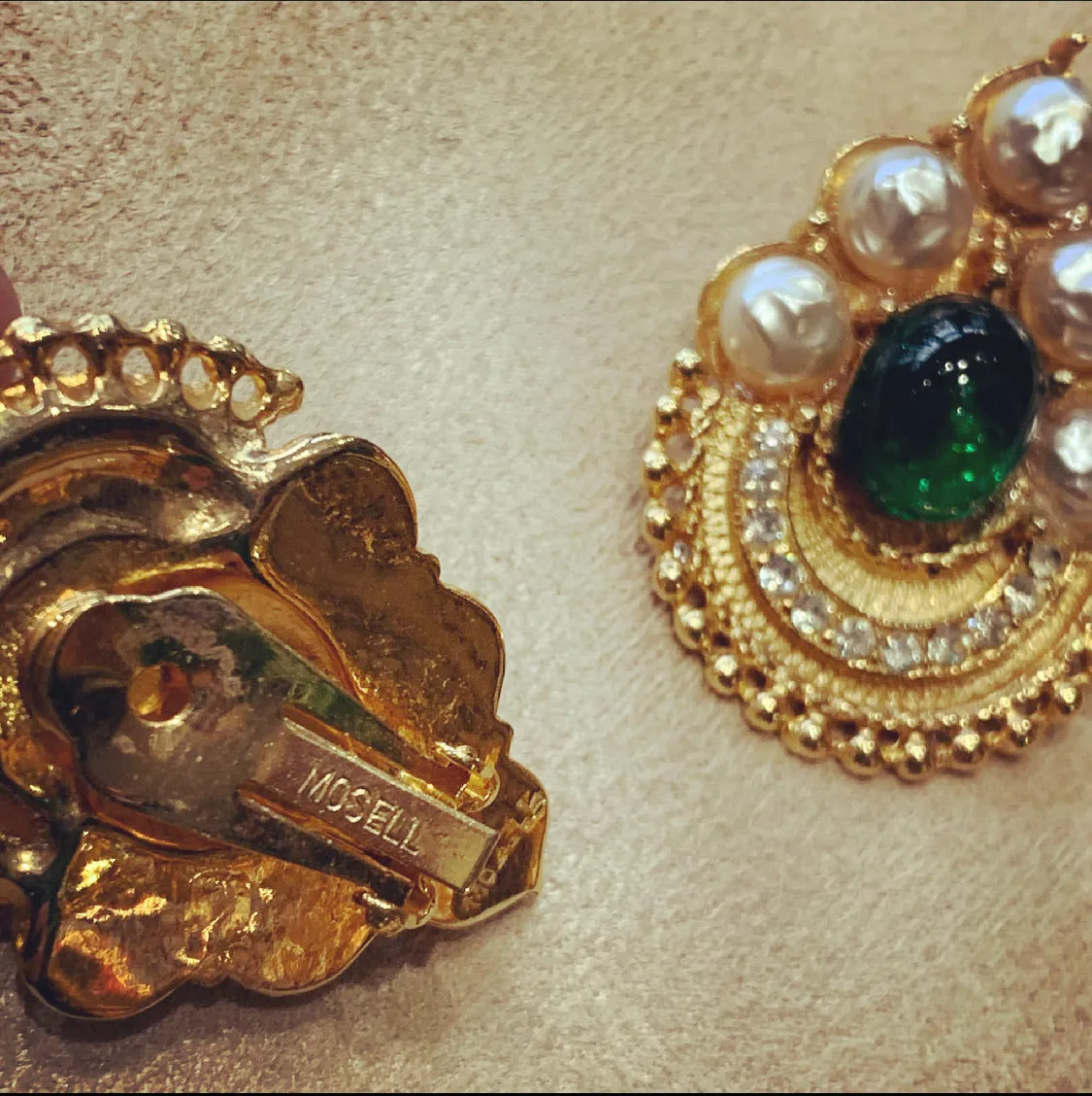 Rare earrings by Mosell in green and pearl glass
