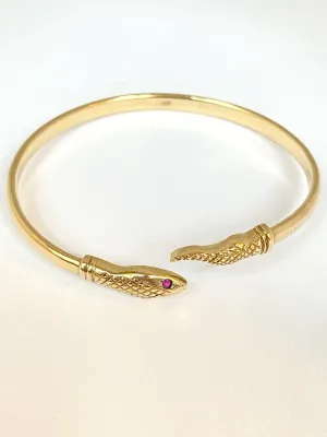 Rare, Vintage, 9ct Yellow Gold, Ruby Eyed Snake Bangle (11.23g)