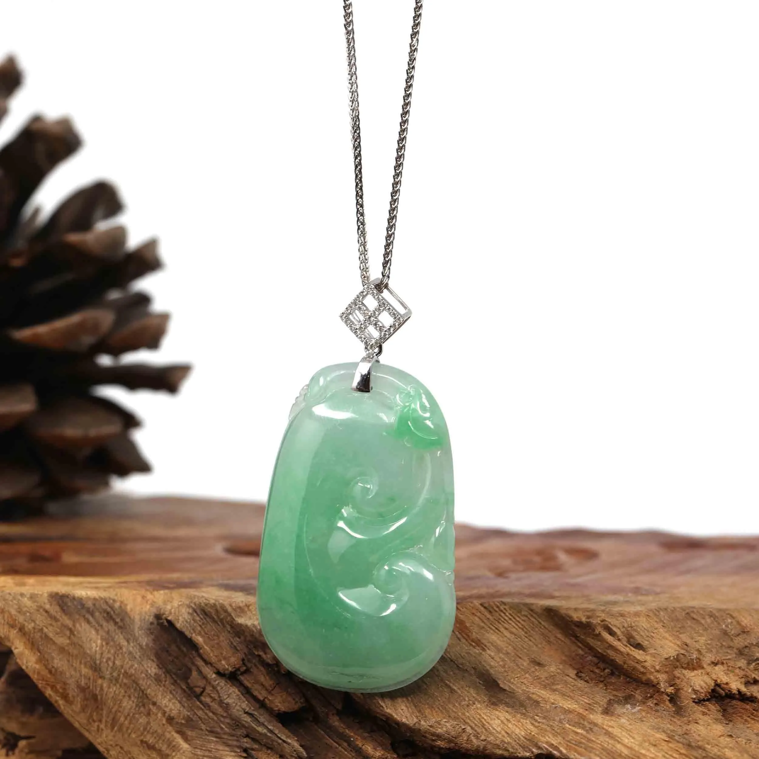 RealJade® Co. Genuine Burmese Green Jadeite Jade RuYi Pendant with 18k White Gold Diamond Bail