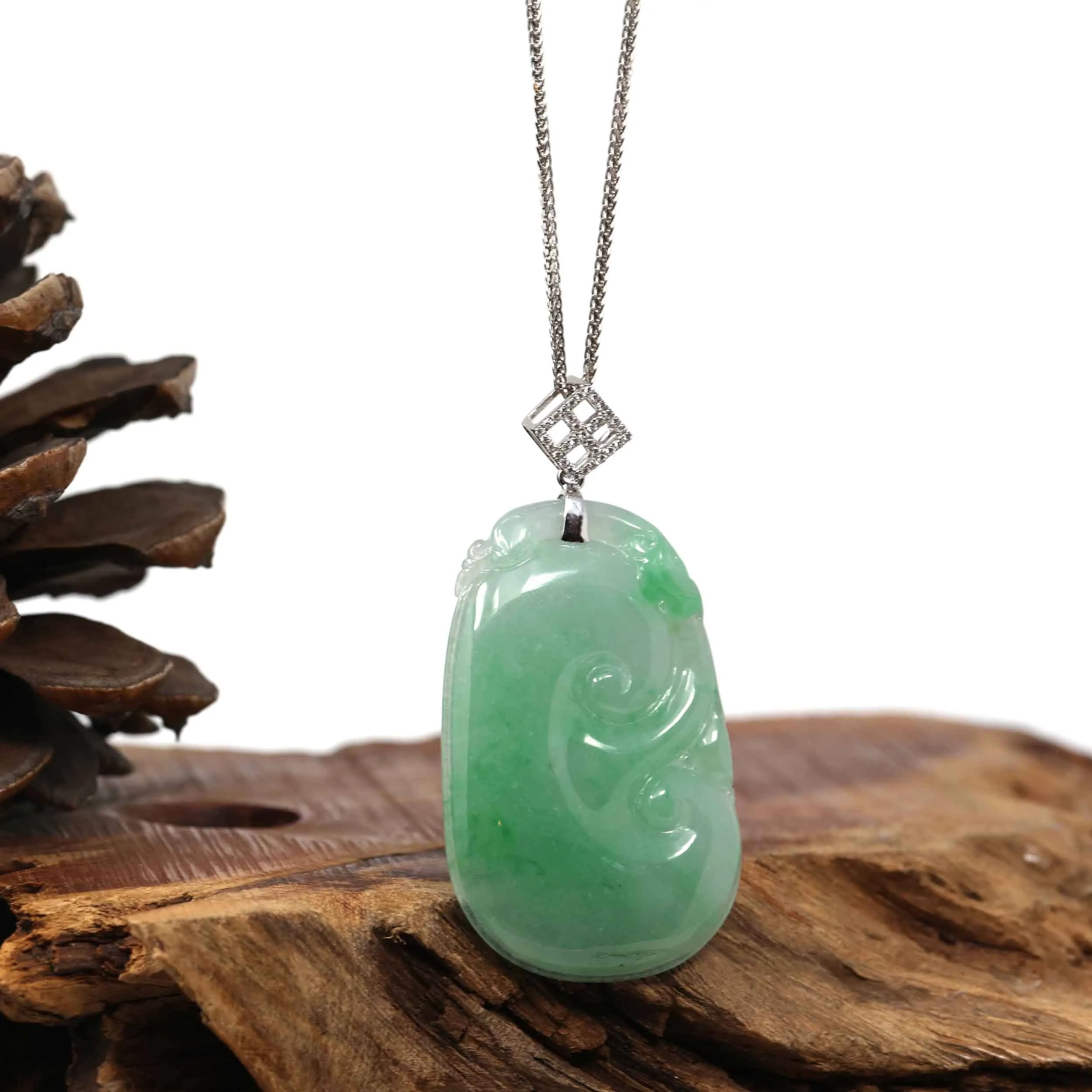 RealJade® Co. Genuine Burmese Green Jadeite Jade RuYi Pendant with 18k White Gold Diamond Bail