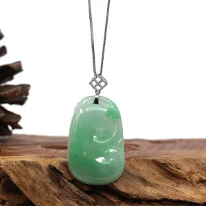 RealJade® Co. Genuine Burmese Green Jadeite Jade RuYi Pendant with 18k White Gold Diamond Bail