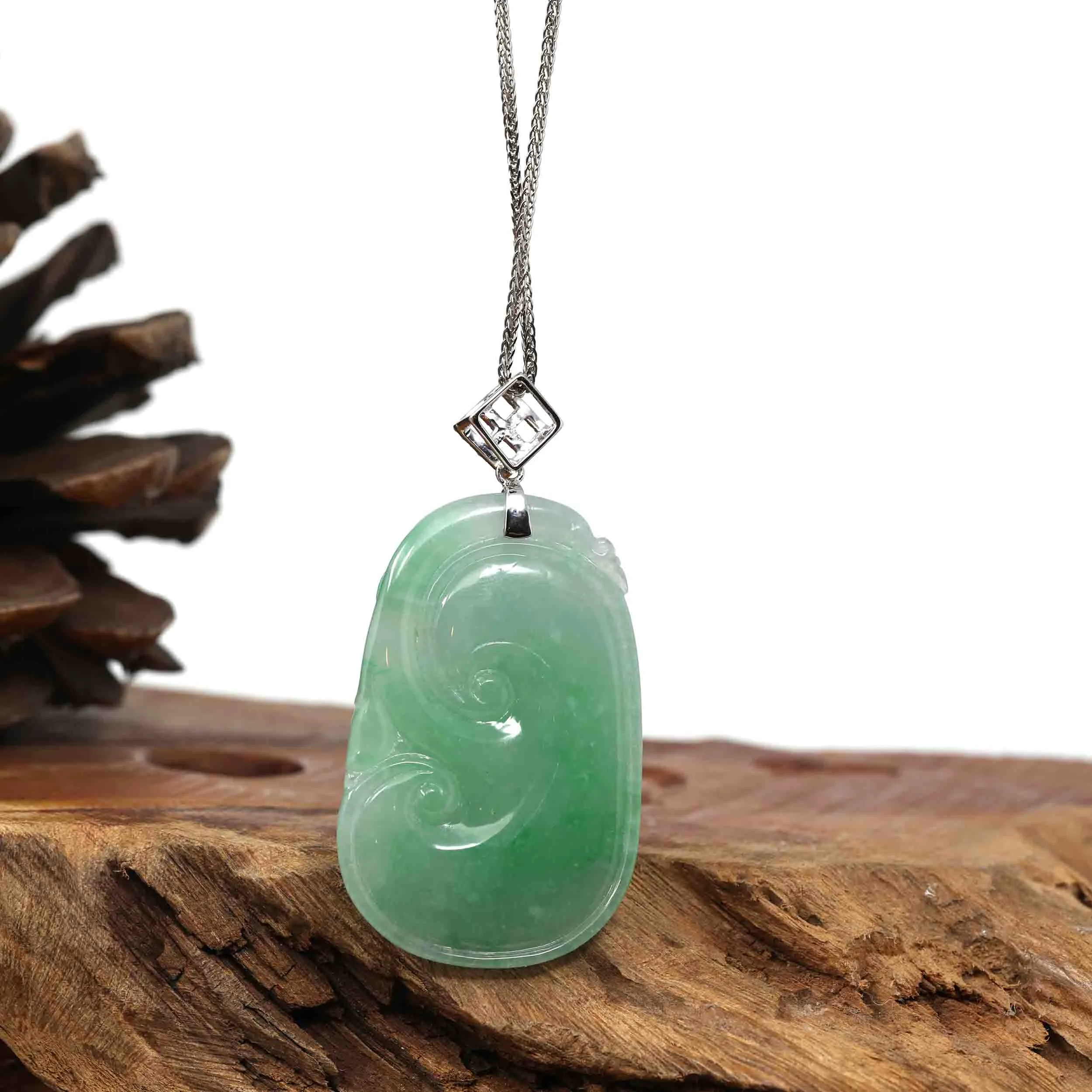 RealJade® Co. Genuine Burmese Green Jadeite Jade RuYi Pendant with 18k White Gold Diamond Bail