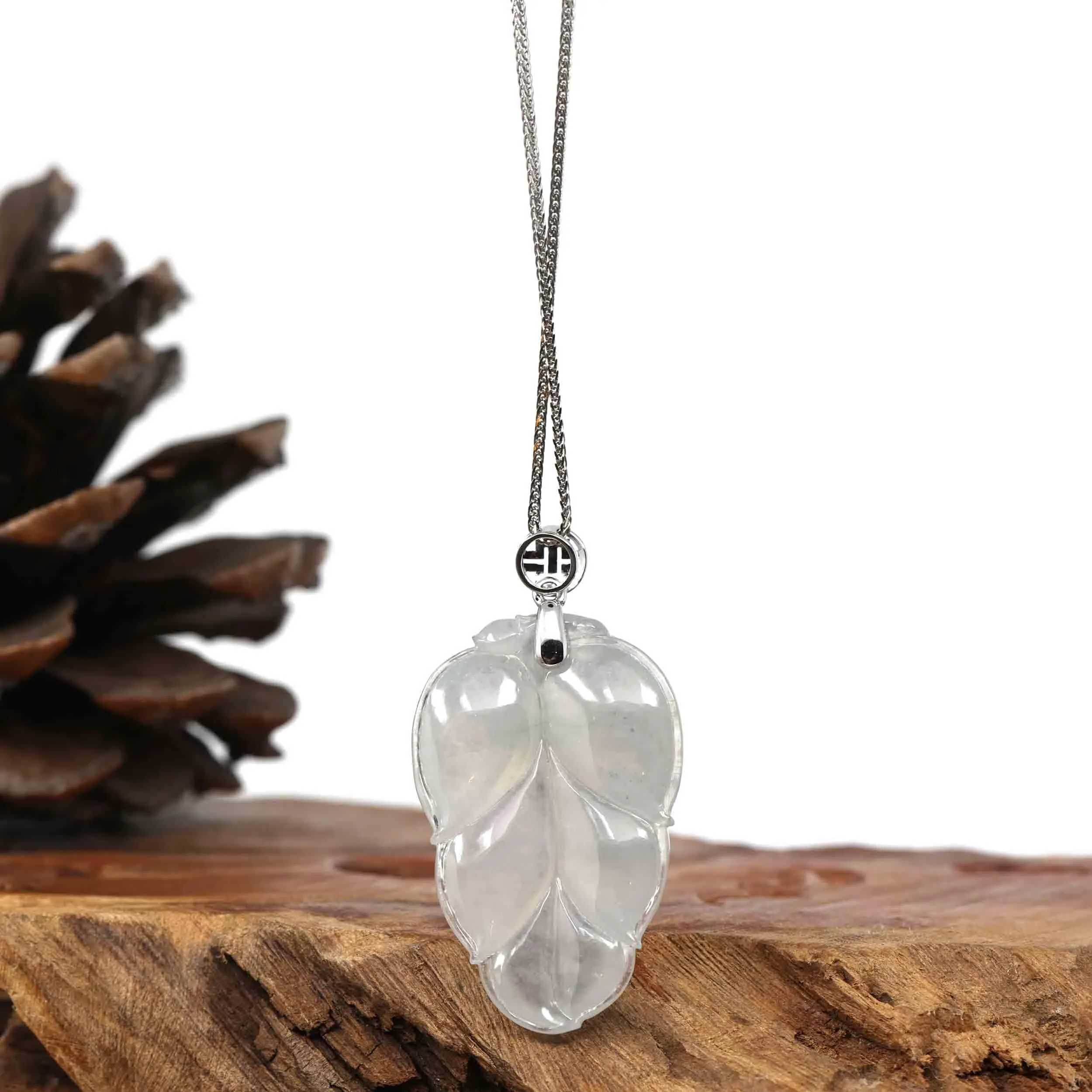 RealJade® Co. Genuine Ice Jadeite Jade Jin Zhi Yu Ye (Leaf) Necklace With White Gold VSI Diamond Bail