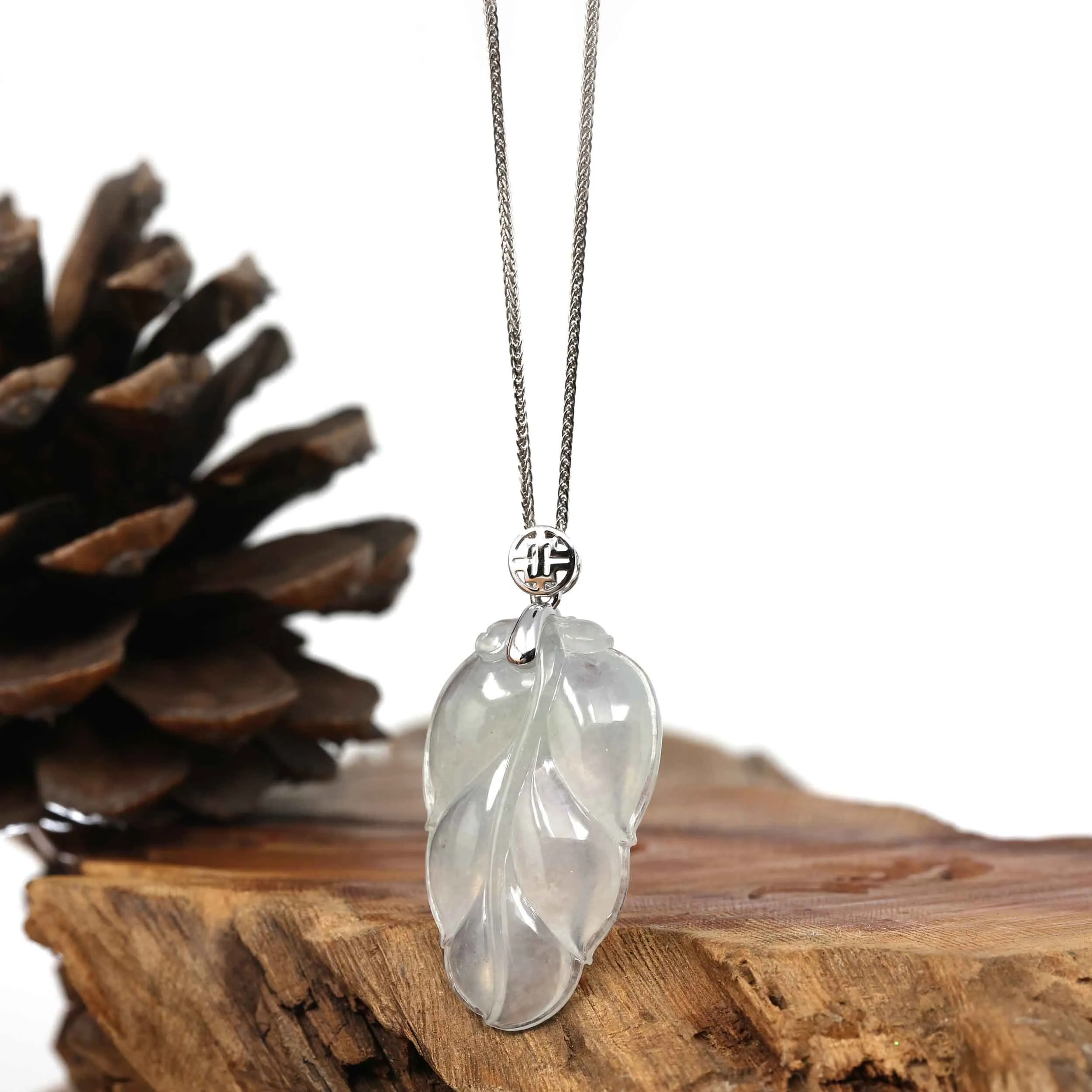 RealJade® Co. Genuine Ice Jadeite Jade Jin Zhi Yu Ye (Leaf) Necklace With White Gold VSI Diamond Bail