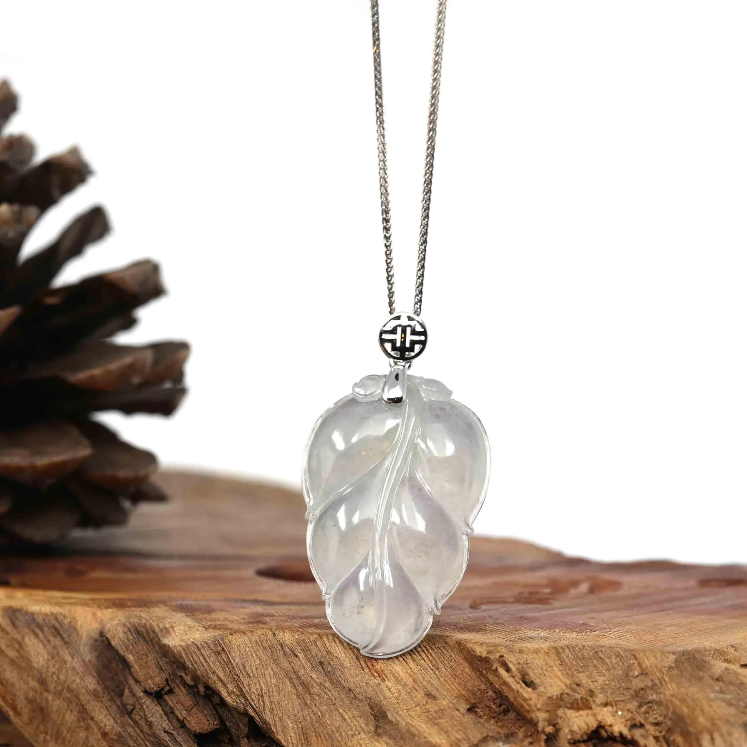 RealJade® Co. Genuine Ice Jadeite Jade Jin Zhi Yu Ye (Leaf) Necklace With White Gold VSI Diamond Bail