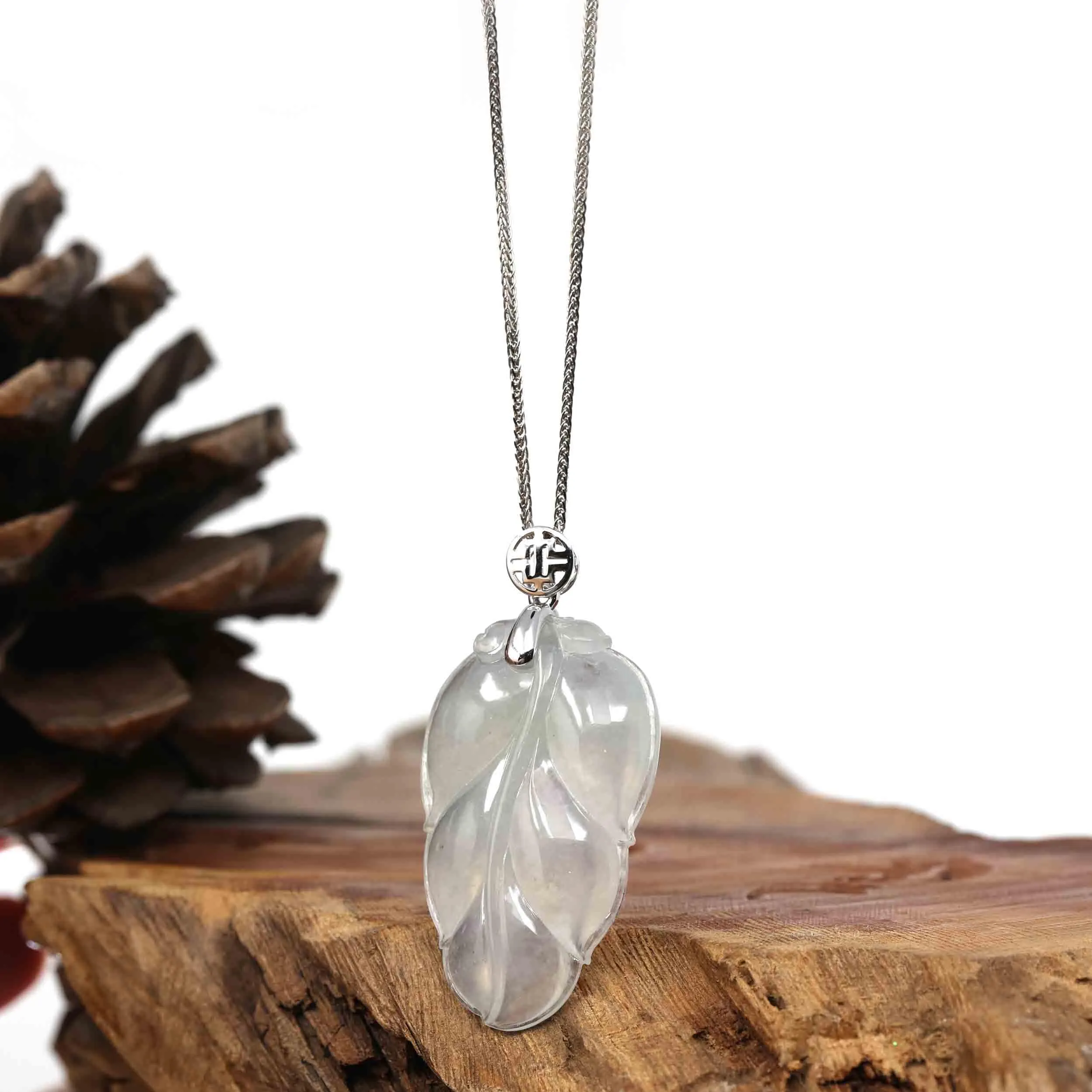 RealJade® Co. Genuine Ice Jadeite Jade Jin Zhi Yu Ye (Leaf) Necklace With White Gold VSI Diamond Bail