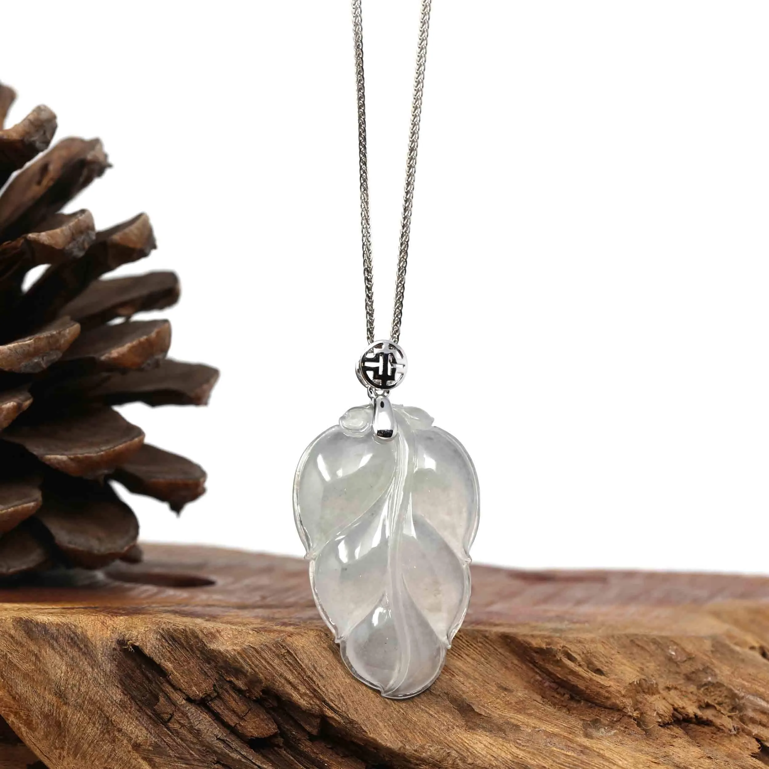 RealJade® Co. Genuine Ice Jadeite Jade Jin Zhi Yu Ye (Leaf) Necklace With White Gold VSI Diamond Bail