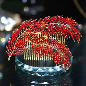 Red White Crystal Wedding Bride Bridal Hair Accessories Feather Hair Comb