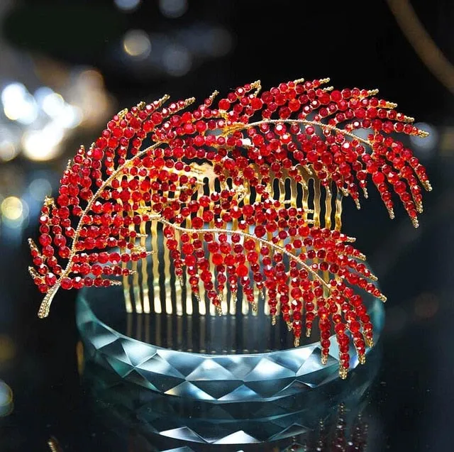 Red White Crystal Wedding Bride Bridal Hair Accessories Feather Hair Comb