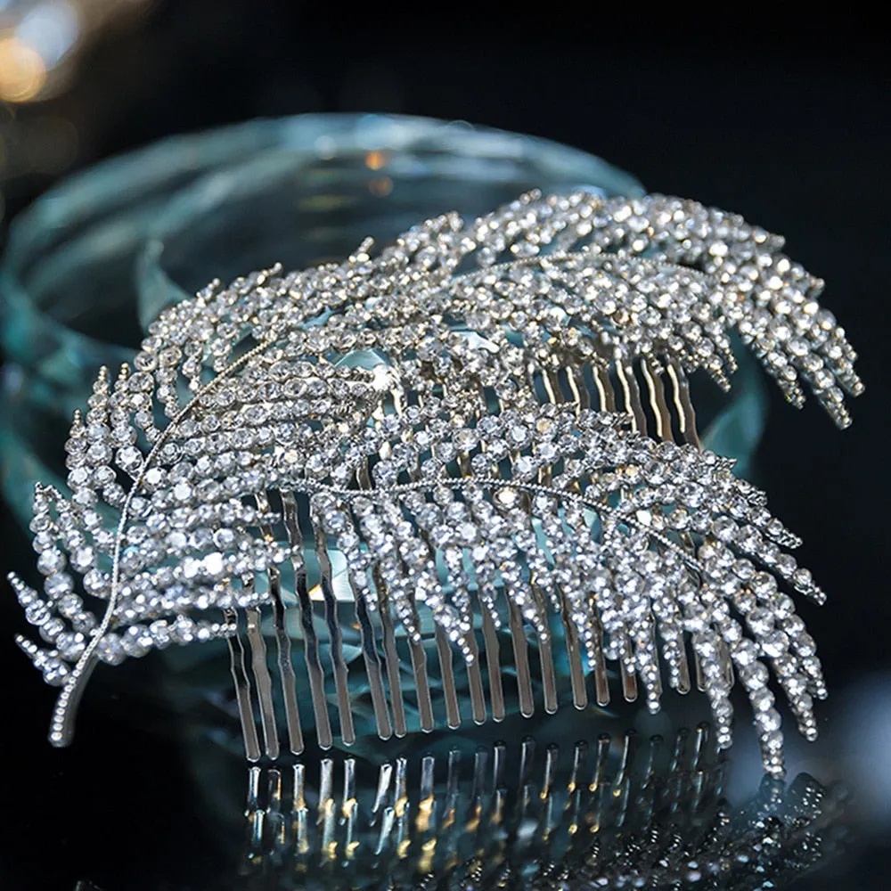 Red White Crystal Wedding Bride Bridal Hair Accessories Feather Hair Comb
