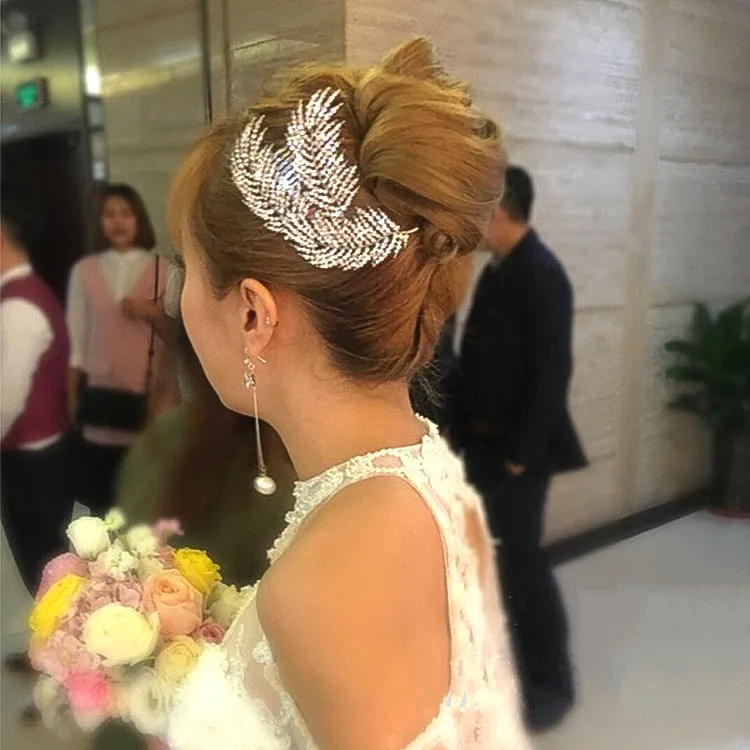 Red White Crystal Wedding Bride Bridal Hair Accessories Feather Hair Comb