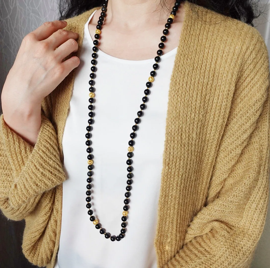 Return to Origin Beaded Obsidian Necklace with Tassels
