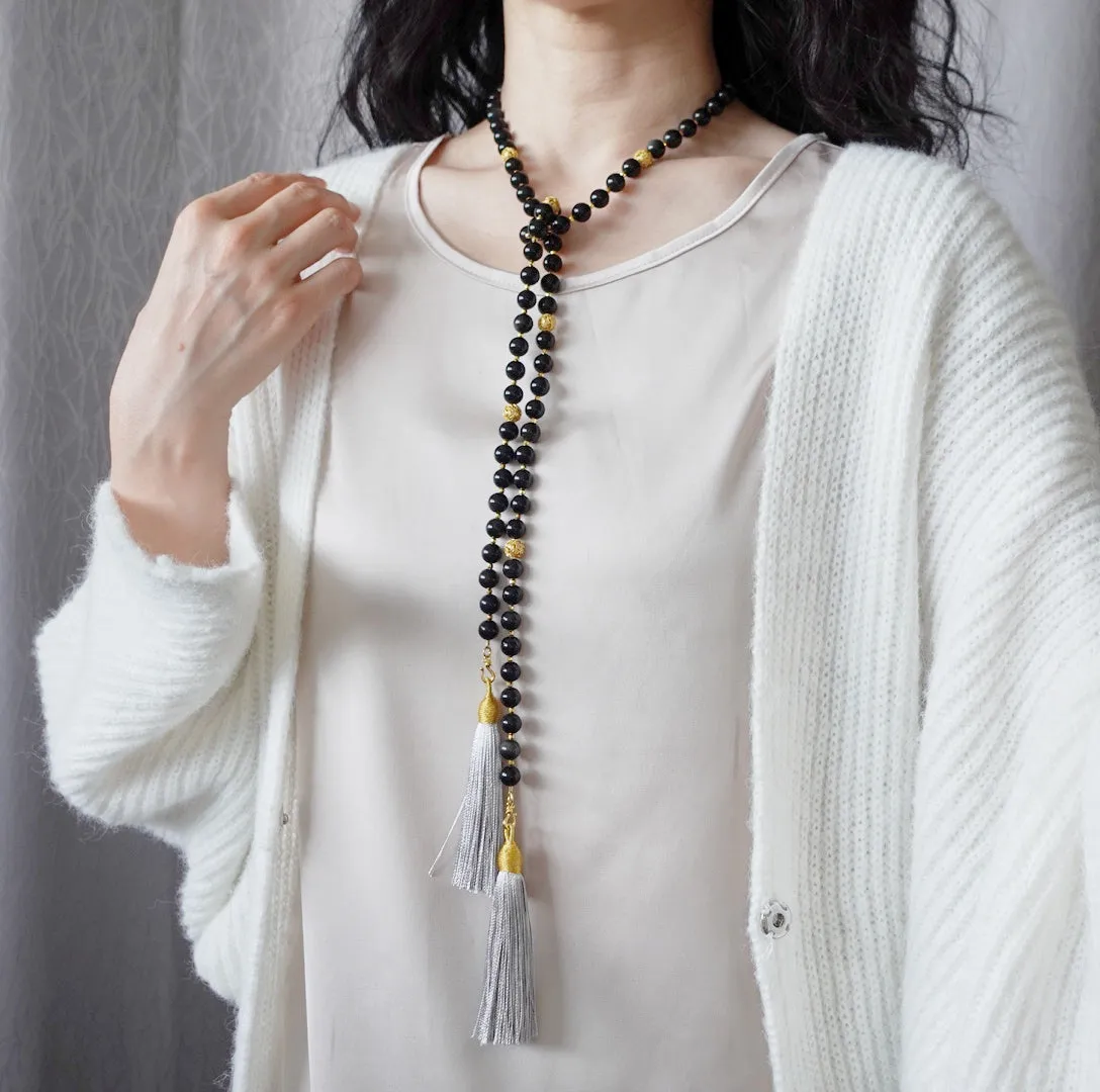 Return to Origin Beaded Obsidian Necklace with Tassels