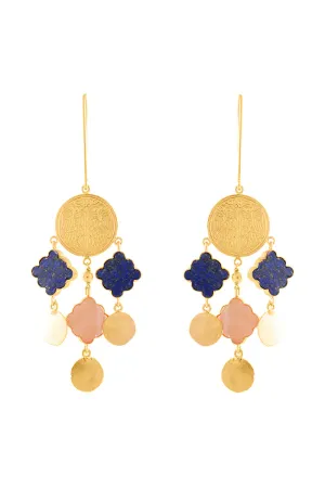 Rose Quartz Coin Gold Finish Drop Earrings In 92.5 Sterling Silver
