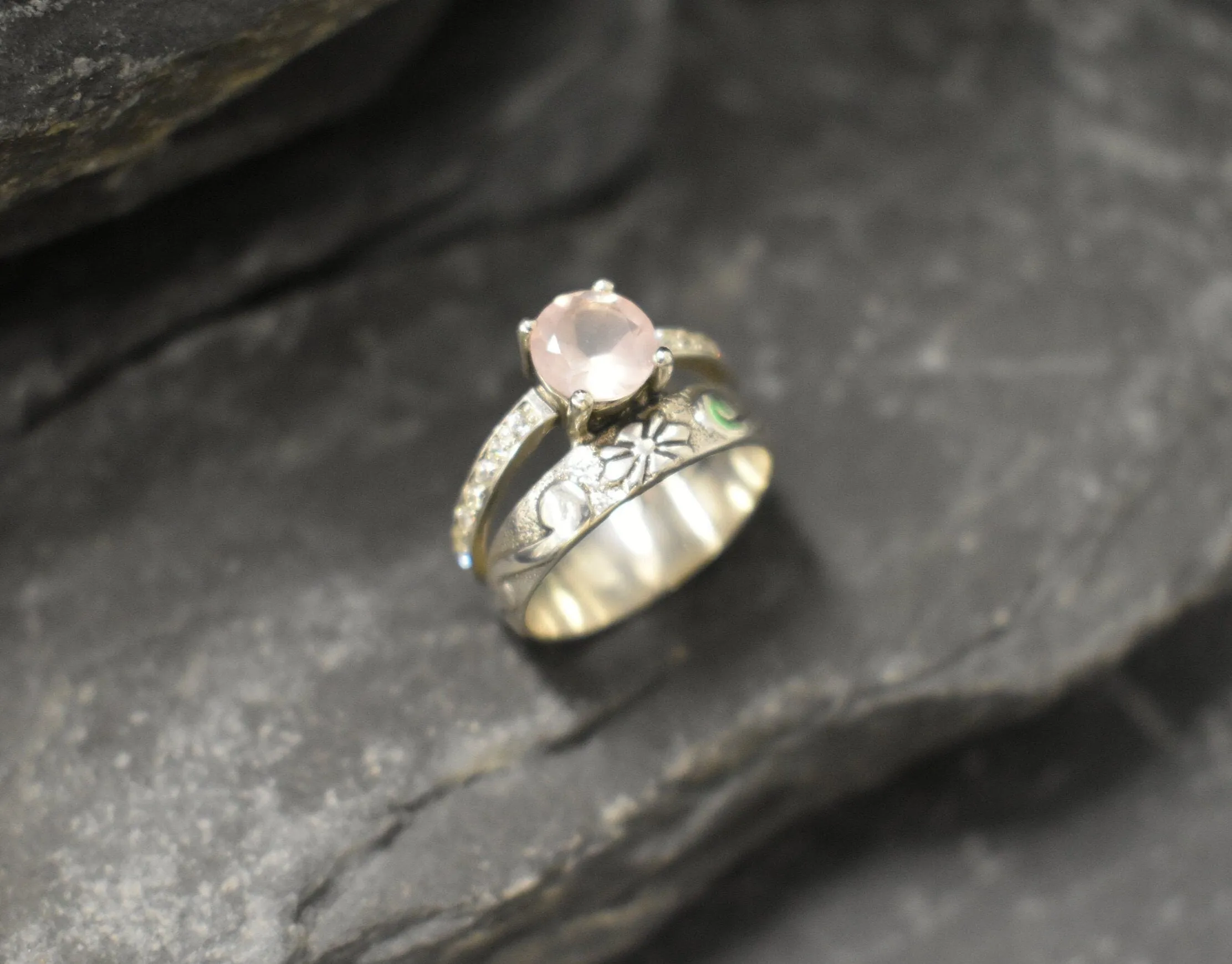 Rose Quartz Ring - Wide Pink Ring - Double Silver Band