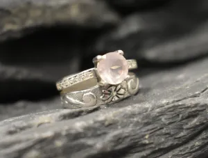 Rose Quartz Ring - Wide Pink Ring - Double Silver Band