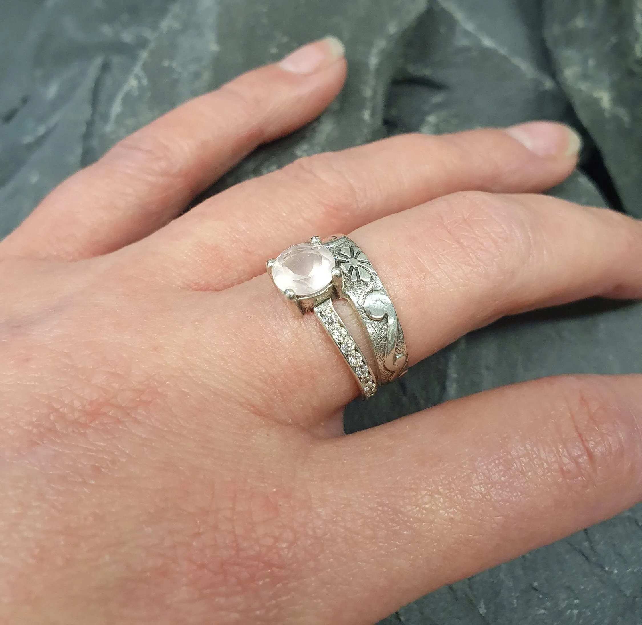 Rose Quartz Ring - Wide Pink Ring - Double Silver Band