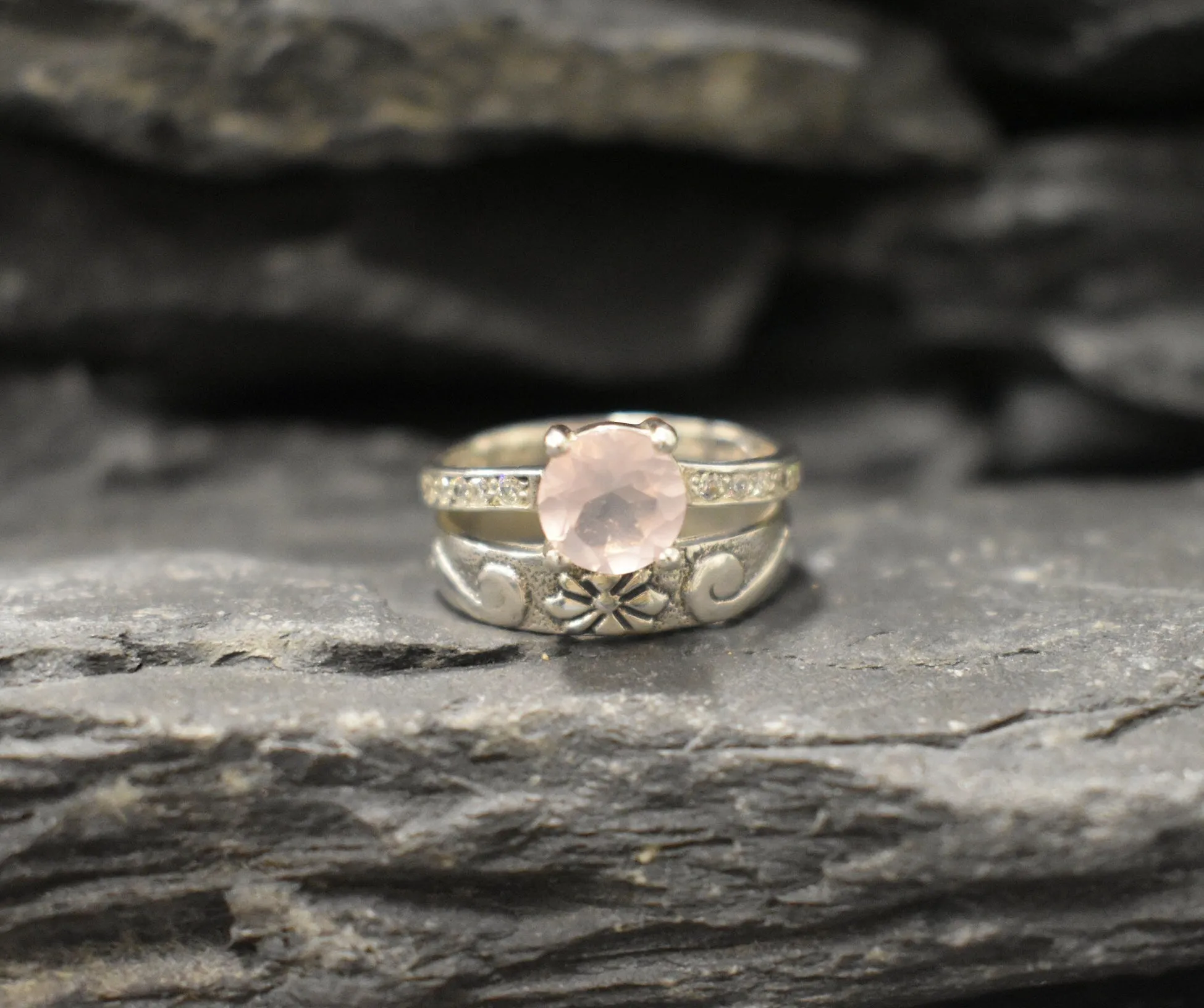 Rose Quartz Ring - Wide Pink Ring - Double Silver Band