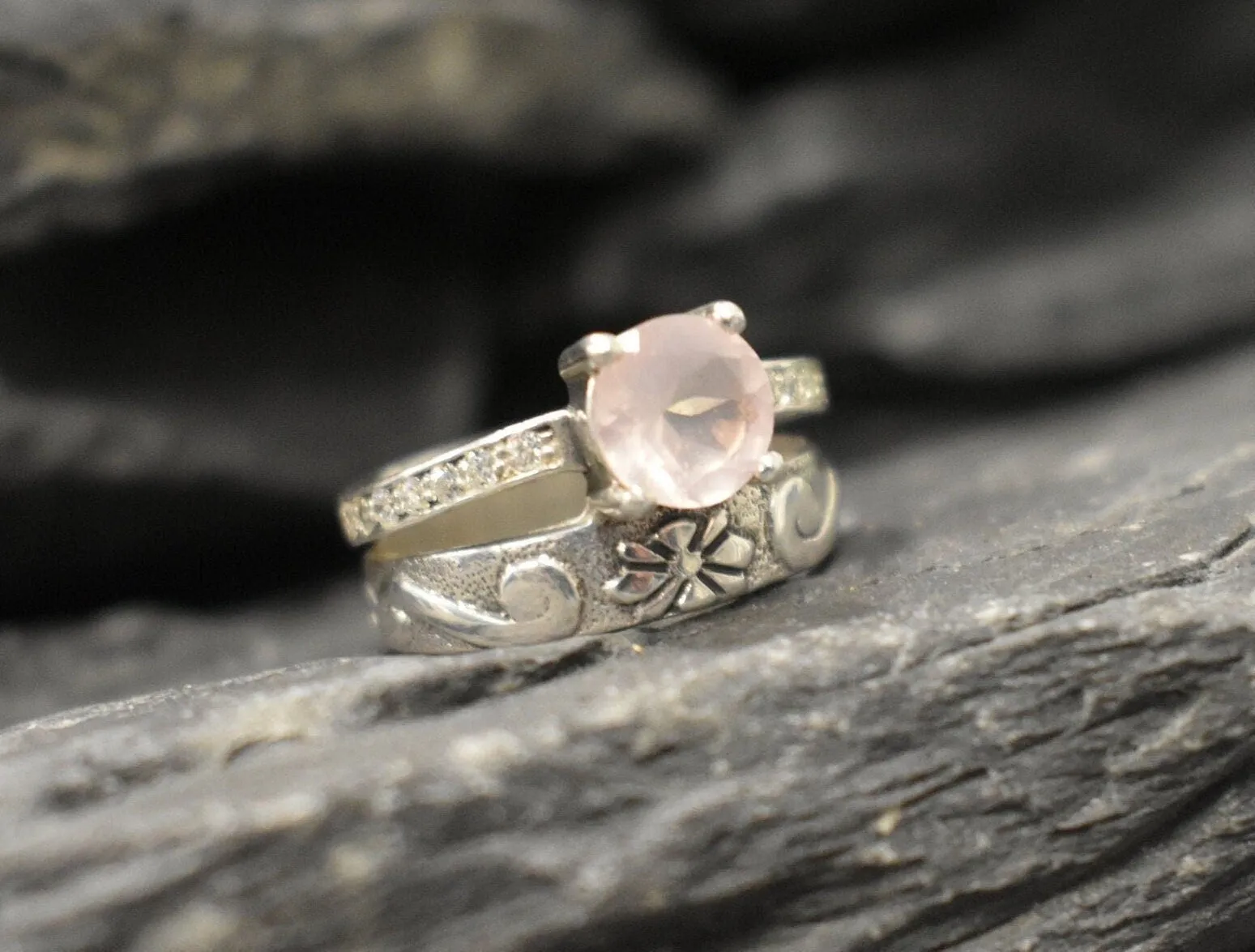 Rose Quartz Ring - Wide Pink Ring - Double Silver Band