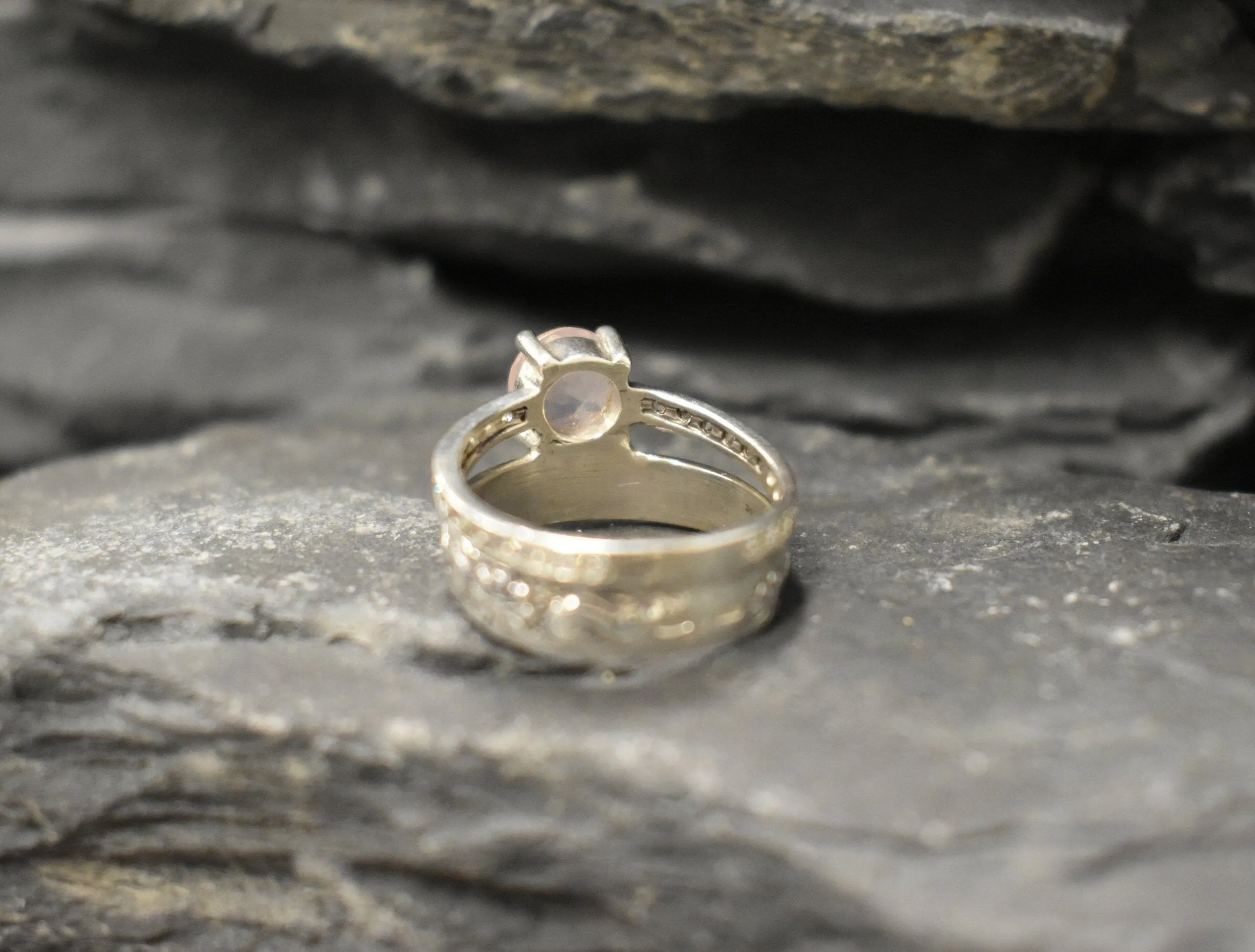 Rose Quartz Ring - Wide Pink Ring - Double Silver Band