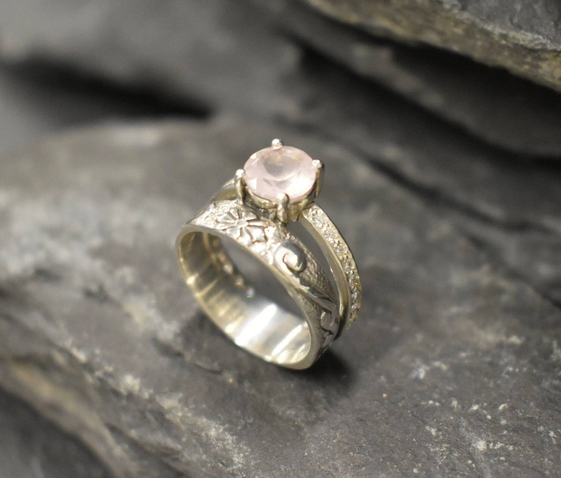 Rose Quartz Ring - Wide Pink Ring - Double Silver Band