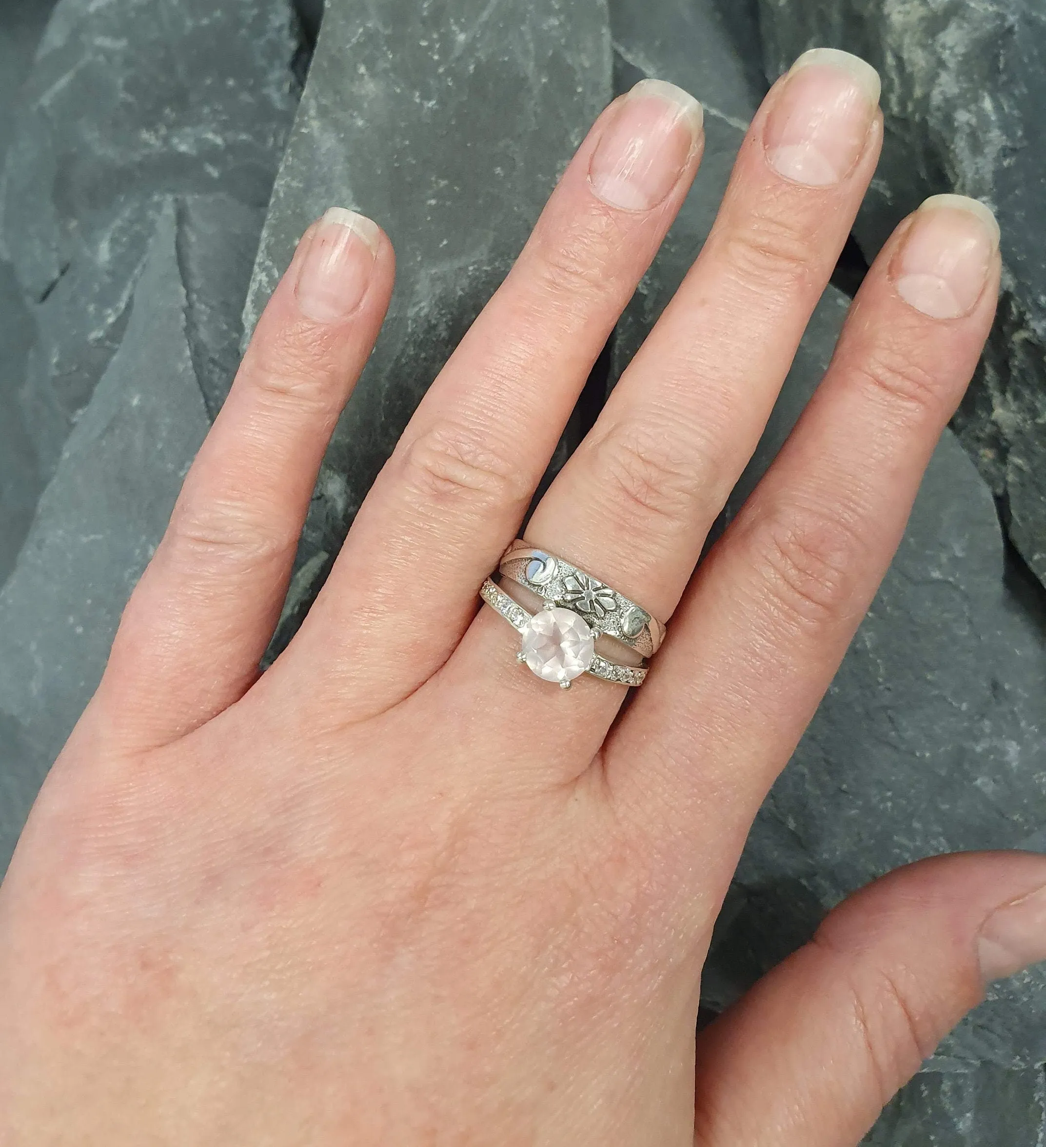 Rose Quartz Ring - Wide Pink Ring - Double Silver Band