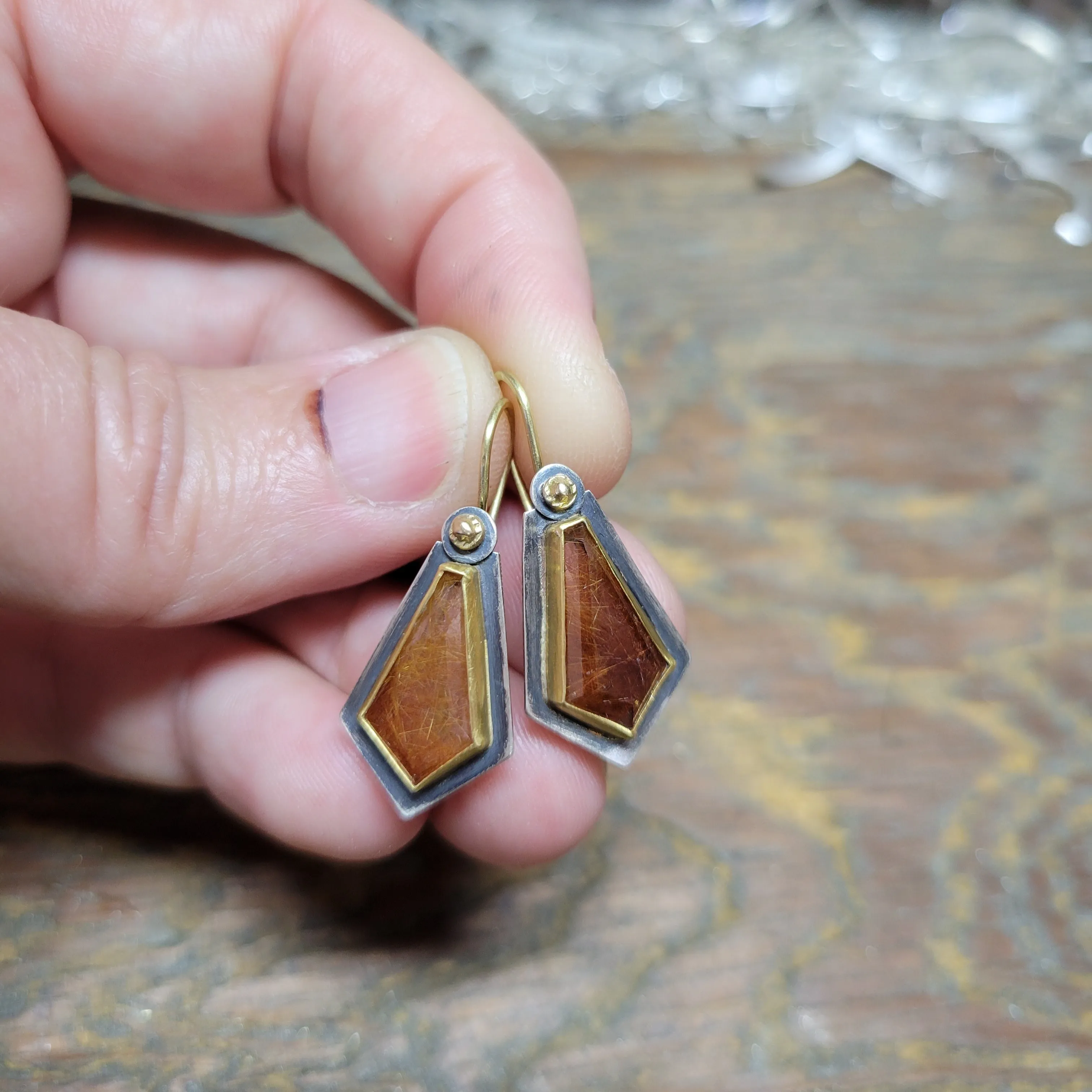 Rutilated quartz earrings in sterling and gold