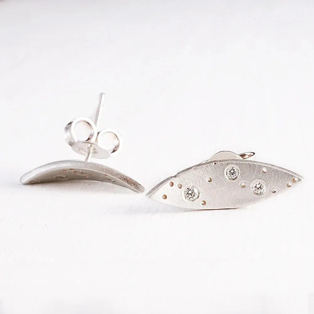 Silver and Diamond Leaf Studs