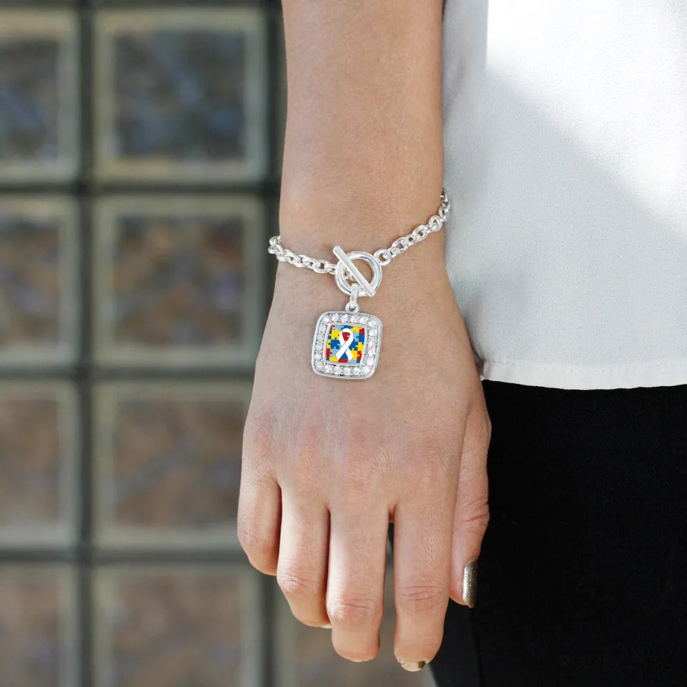 Silver Autism Jigsaw Puzzle Square Charm Toggle Bracelet