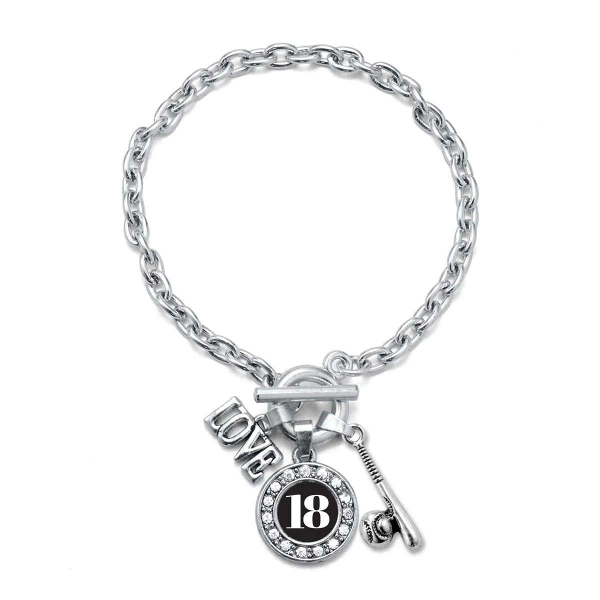 Silver Baseball Bat - Sports Number 18 Circle Charm Toggle Bracelet