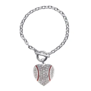 Silver Baseball Heart Charm Toggle Bracelet