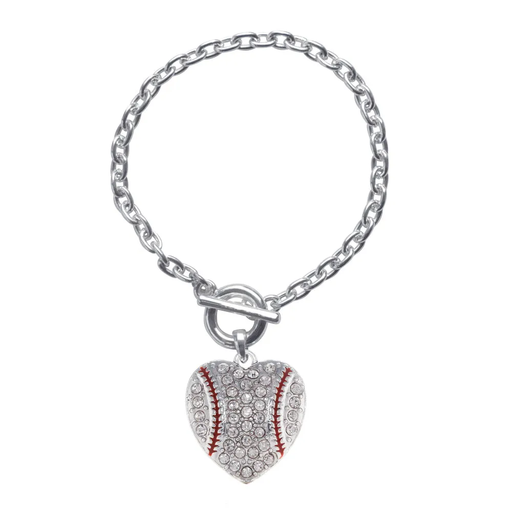 Silver Baseball Heart Charm Toggle Bracelet