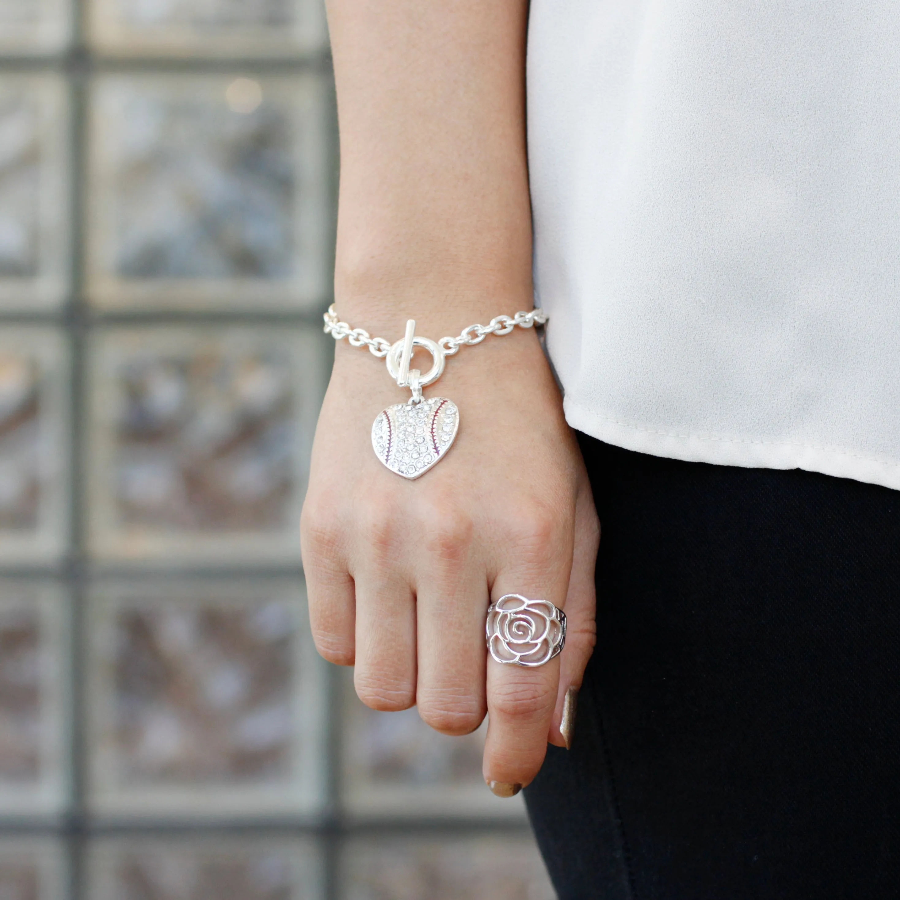 Silver Baseball Heart Charm Toggle Bracelet